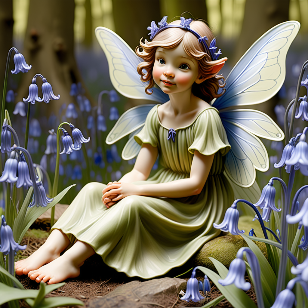 Illustrate a fairy nestled among bluebells, with outstretched wings, portraying the protective and nurturing spirit found in Cicely Mary Barker's work.
