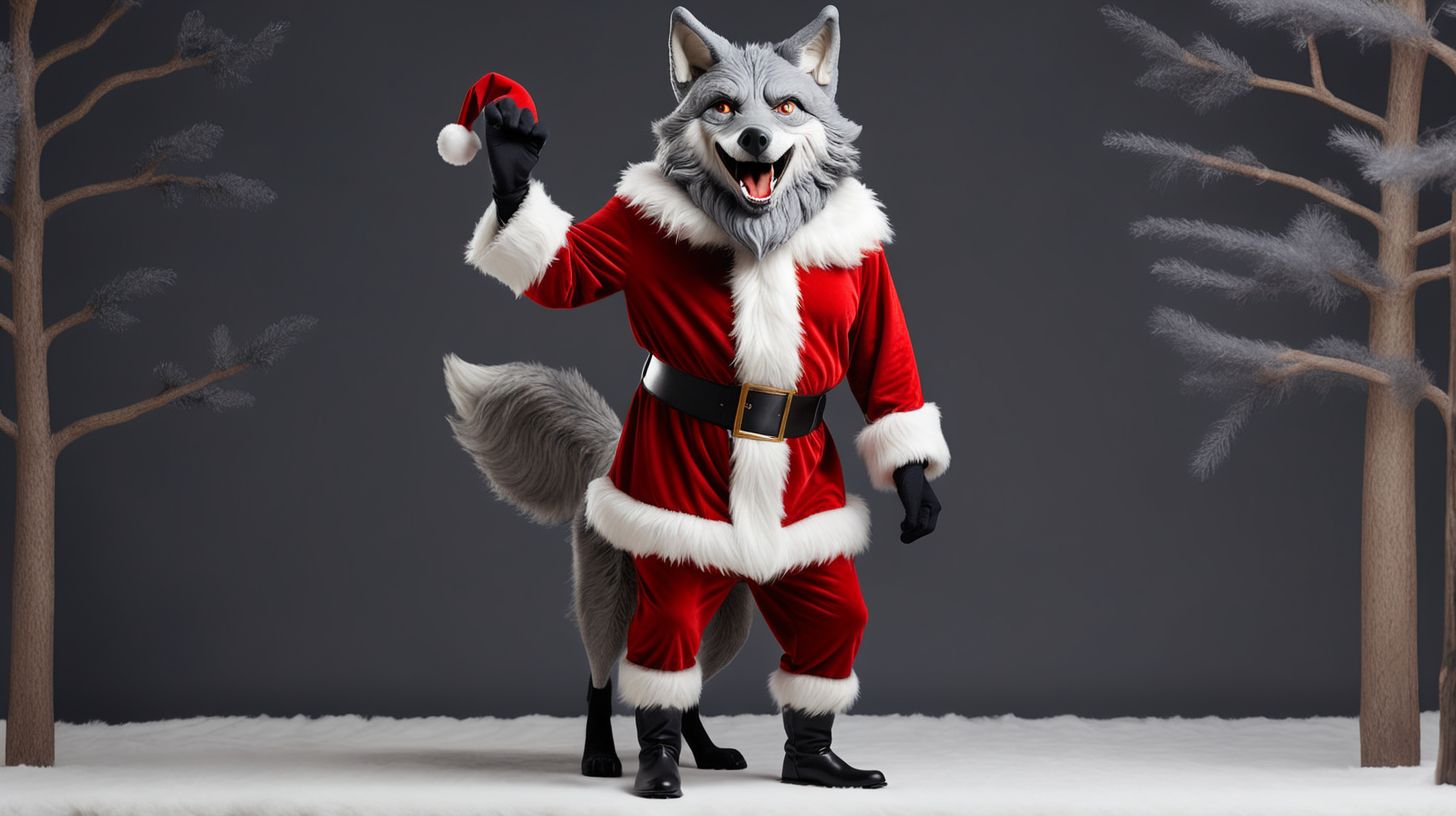 Santa Claus dressed up as a gray wolf