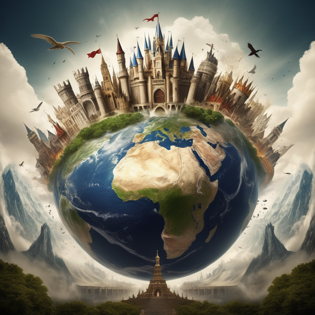 create an image that represents the world with big kingdoms that dominate the world