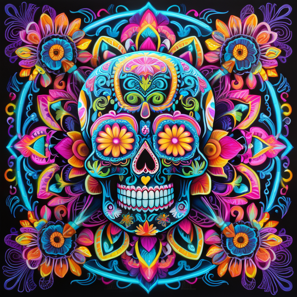 bright neon colors, high details, symmetrical mandala, strong lines, day of the dead, candy skull