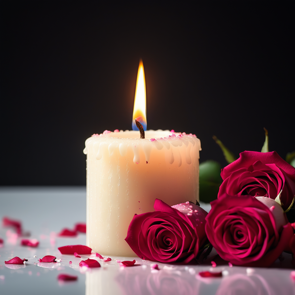 A lonley burning candle with roses sprinkled in front of it