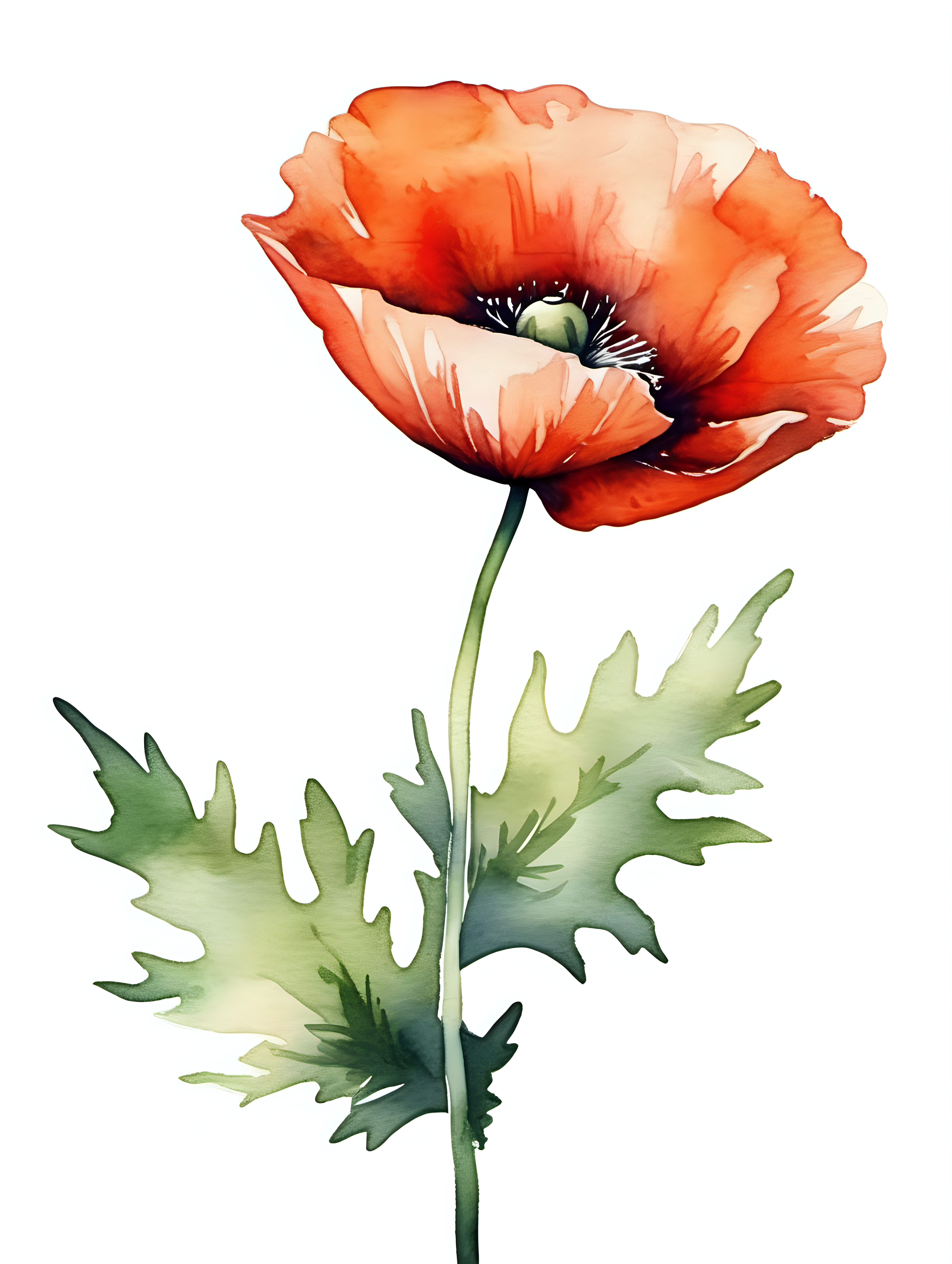 simple single poppy watercolor style with a white