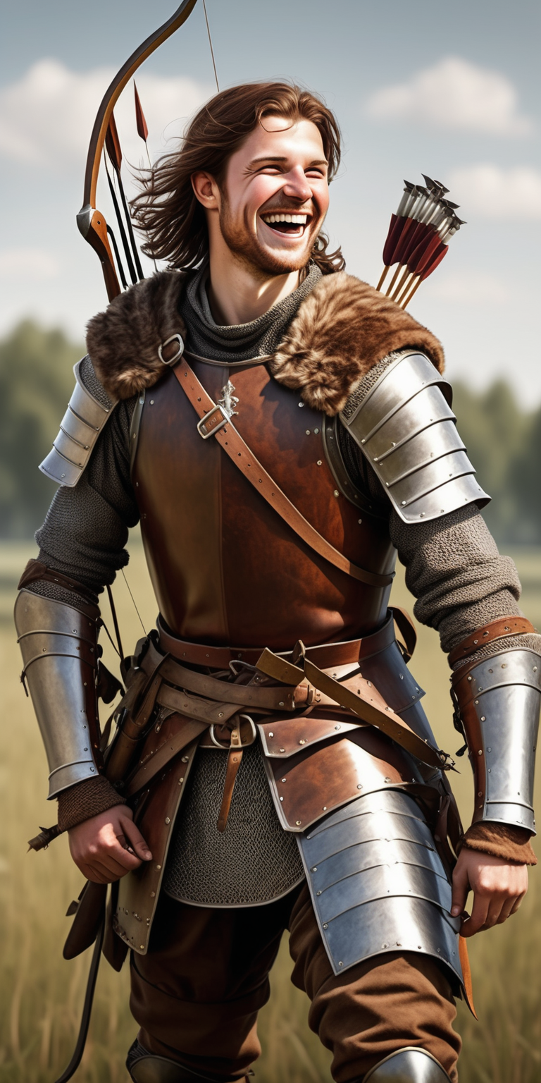 Realistic medieval brown haired archer laughing stood in