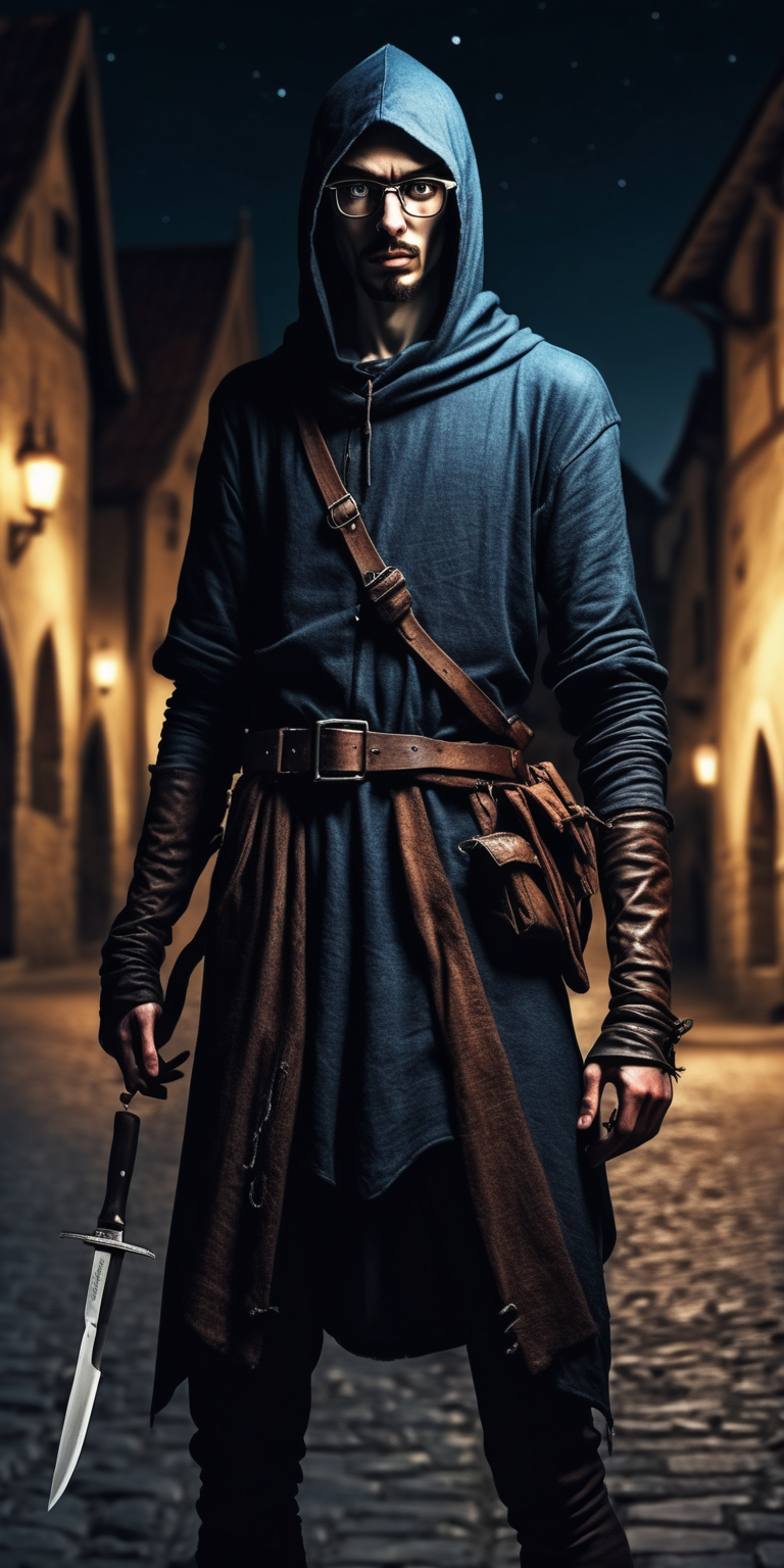 realistic medieval skinny assassin with glasses at night