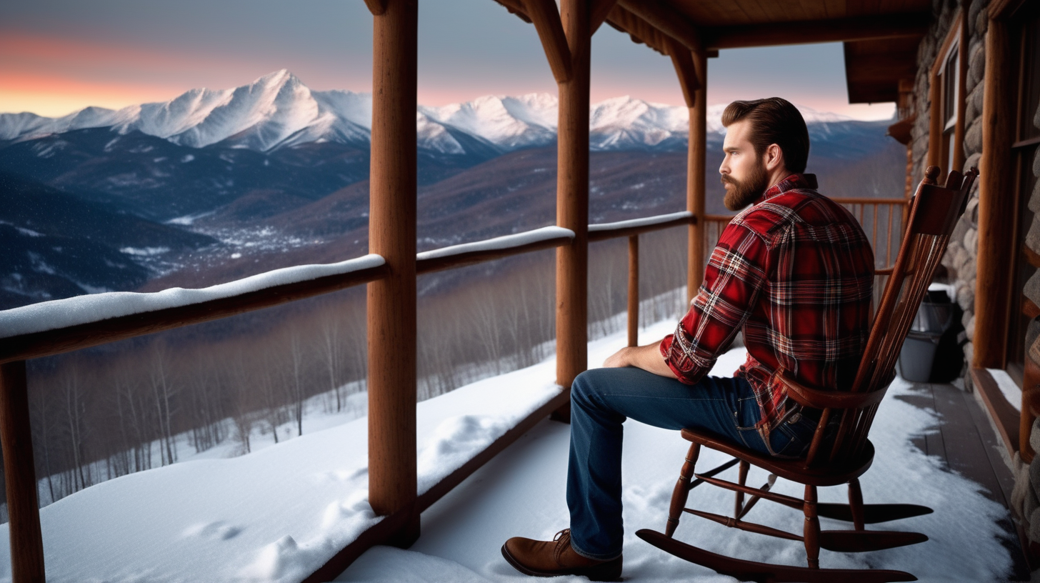 The photo is taken in a mountain house. a handsome man is sitting on a wing chair on a porch of the mountain house, we can see the snow mountains at a distance), he's got his back to the camera. he is wearing a red plaid shirt and jeans. he has long brown hair and a beard. outside it is night and snowy. The lighting in the portrait should be dramatic. Sharp focus. A perfect example of cinematic shot. Use muted colors to add to the scene. 