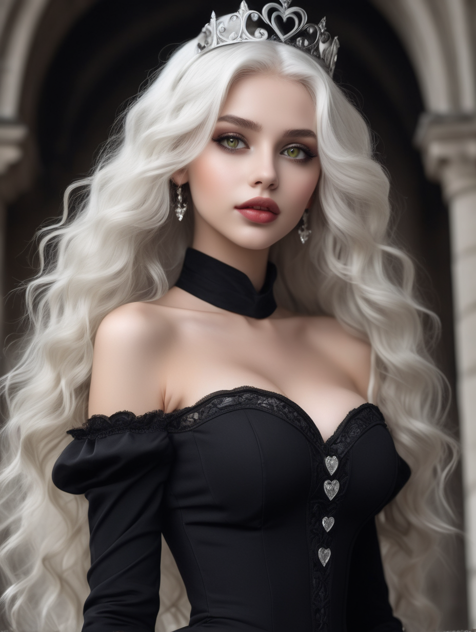 a very beautiful princess
wavy white hair
heart shaped face
perfect lips
light olive colored eyes
in a black castle
wearing a sexy black dress
