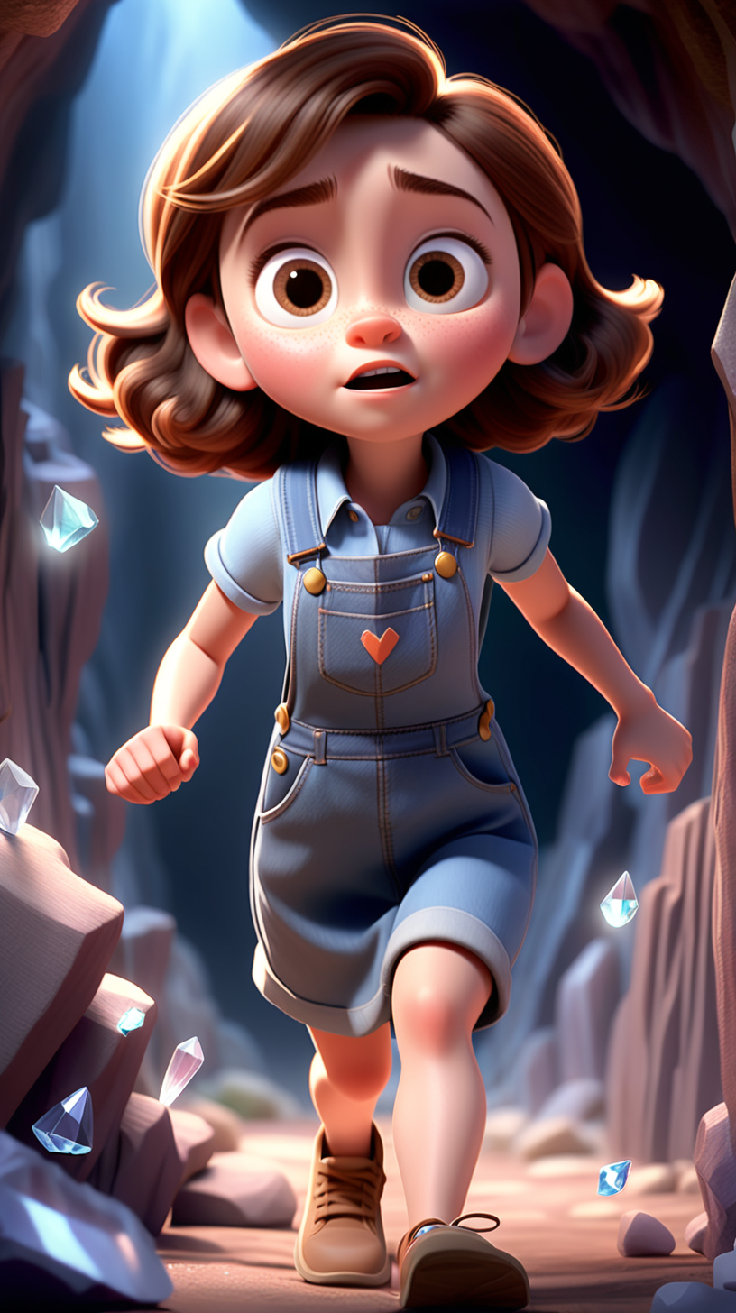 imagine 5 year old short girl with brown hair, fair skin, hazel eyes, wearing a denim dress overall, use Pixar style animation, make her running and make it full body size, standing inside a cave, surrounded by crystals
