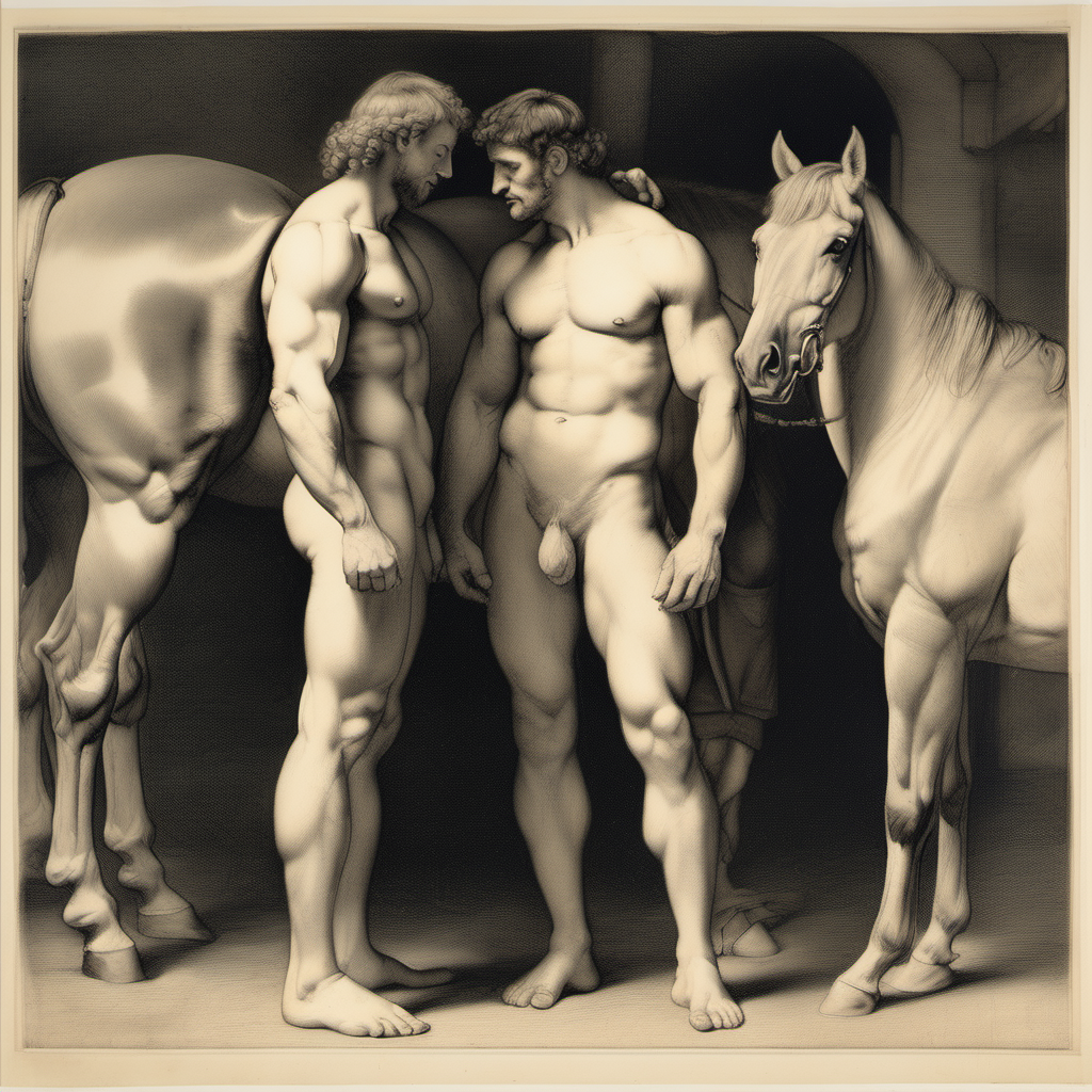 a detailed pencil drawing by Rembrandt of 2 extremely handsome naked muscular men with , one is very tall extremely muscular, dressed in a uniform full figure, one is short and athletic, dressed in jeans and bare chested. they are standing in a stable with horses, close to each other, looking at each other, full figure, 