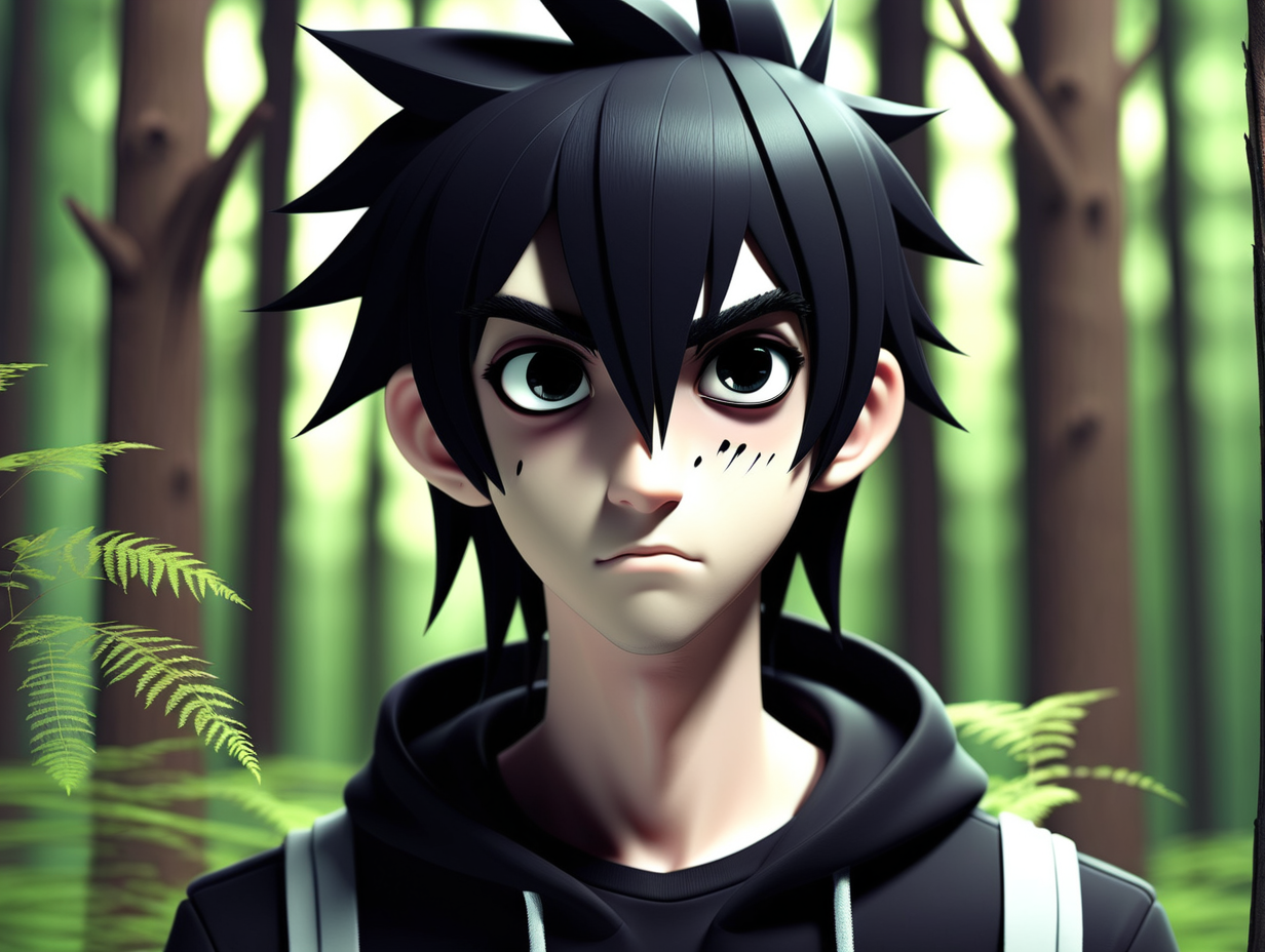 3d, anime, male, black hair, thick black eye brows, black eyes, emo, forest