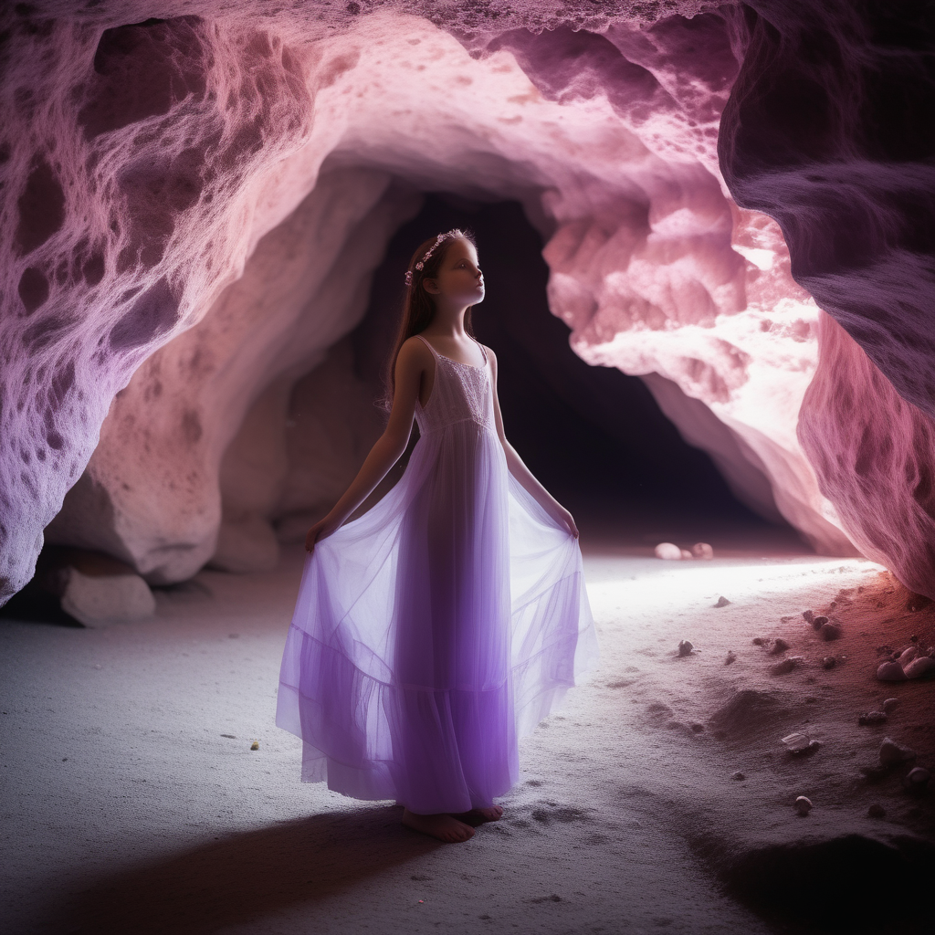 A teenage girl stands in a cave. She is wearing a long, flowing white, dim hem dress. There is a butterfly next to her. The cave is covered with pink and purple crystals. The girl sees pictures of her childhood in the crystals.
