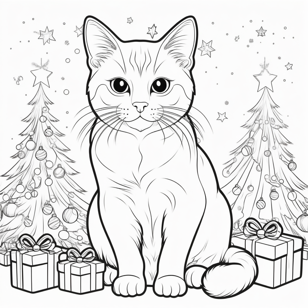 coloring book outline cat christmas