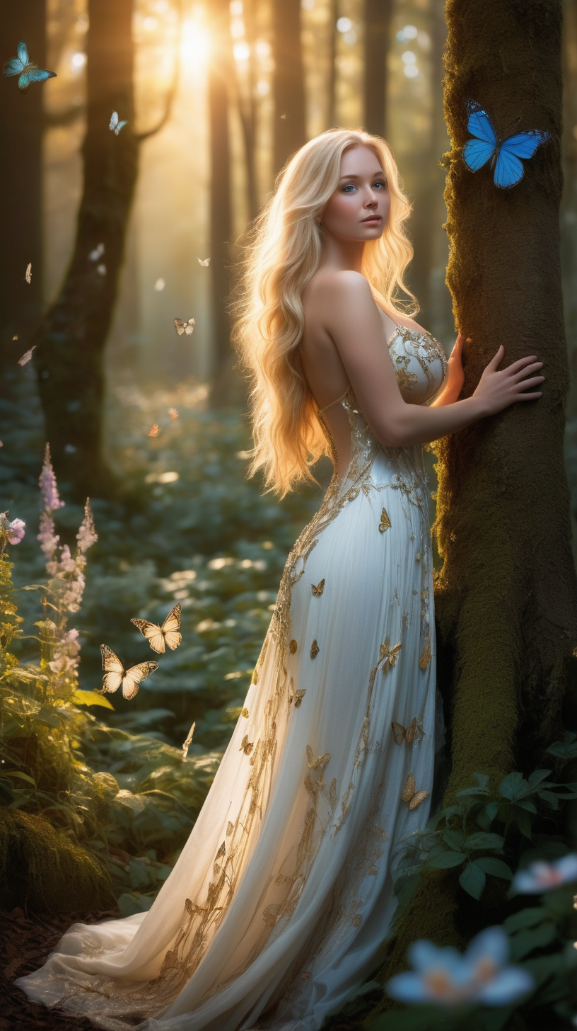 An image of the world's most beautiful woman standing in the middle of a fairy-tale forest at sunset. The woman has golden hair flowing over her shoulders, piercing blue eyes and is dressed in an elegant, ethereal white gown, adorned with crystals. She's standing under an ancient, towering tree entwined in vibrant, blooming flowers. Her exquisite jewelry sparkles in the warm light of the setting sun. The background is dreamy, with the soft glow of the light diffusing through a gentle mist and casting long shadows across the verdant foliage of the forest, among which whimsical butterflies flutter gently. Use a Canon EOS 5D Mark IV, with a wide-angle lens to capture the stunning scenery. Dial the aperture down to f/2. 8 for a soft, dreamy effect. , ((large natural breasts)), long blonde hair, high detail, film, professional, highly detailed, realistic, photorealistic, RAW photo, canon 5d, perfect shadows, natural color, realistic, photorealistic, relaxed, detailed skin, textured skin, intricate details, natural pose, natural eyes, natural pose, perfect fingernails