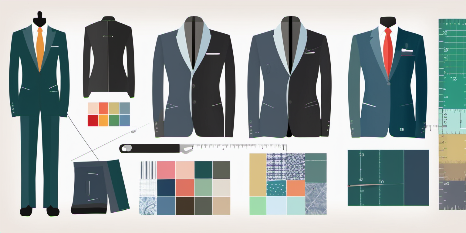 create an image with measuring tape, Suit jacket, a tailor and fabrics
