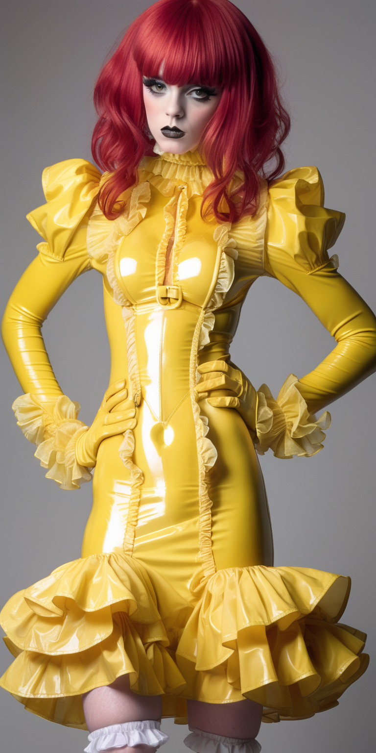 sissy boy with red hair in a frilly yellow latex dress, vacant expression, very pretty, very feminine 
