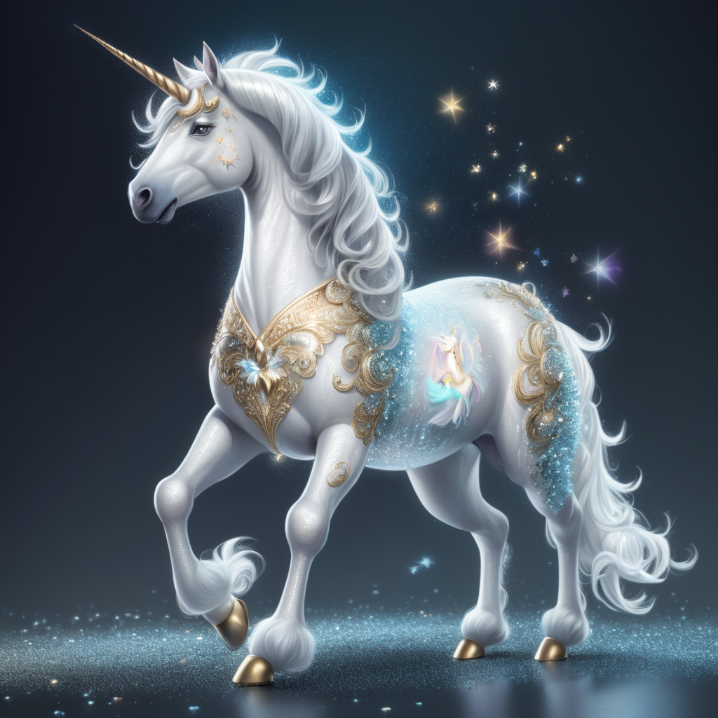 a full body image of a magical white unicorn with a shimmering coat similar to Diana Cooper