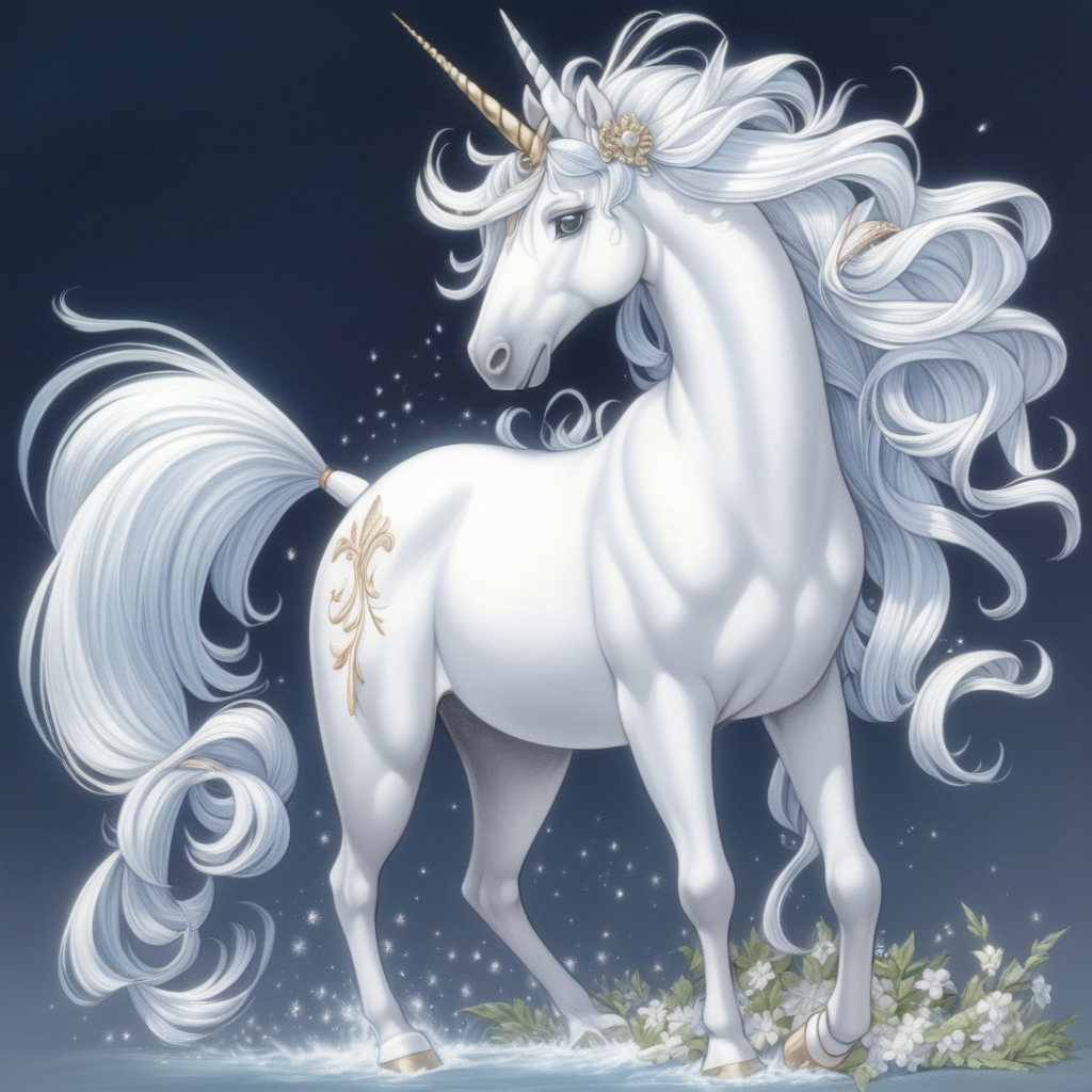 a full body image of a majestic magical white unicorn with a shimmering coat with head bowed down as if to be petted similar to Diana Cooper in anime cartoon style