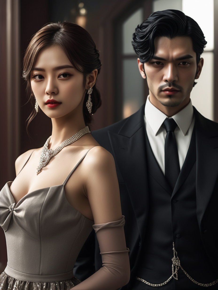 Male lead looking like mafia and a female