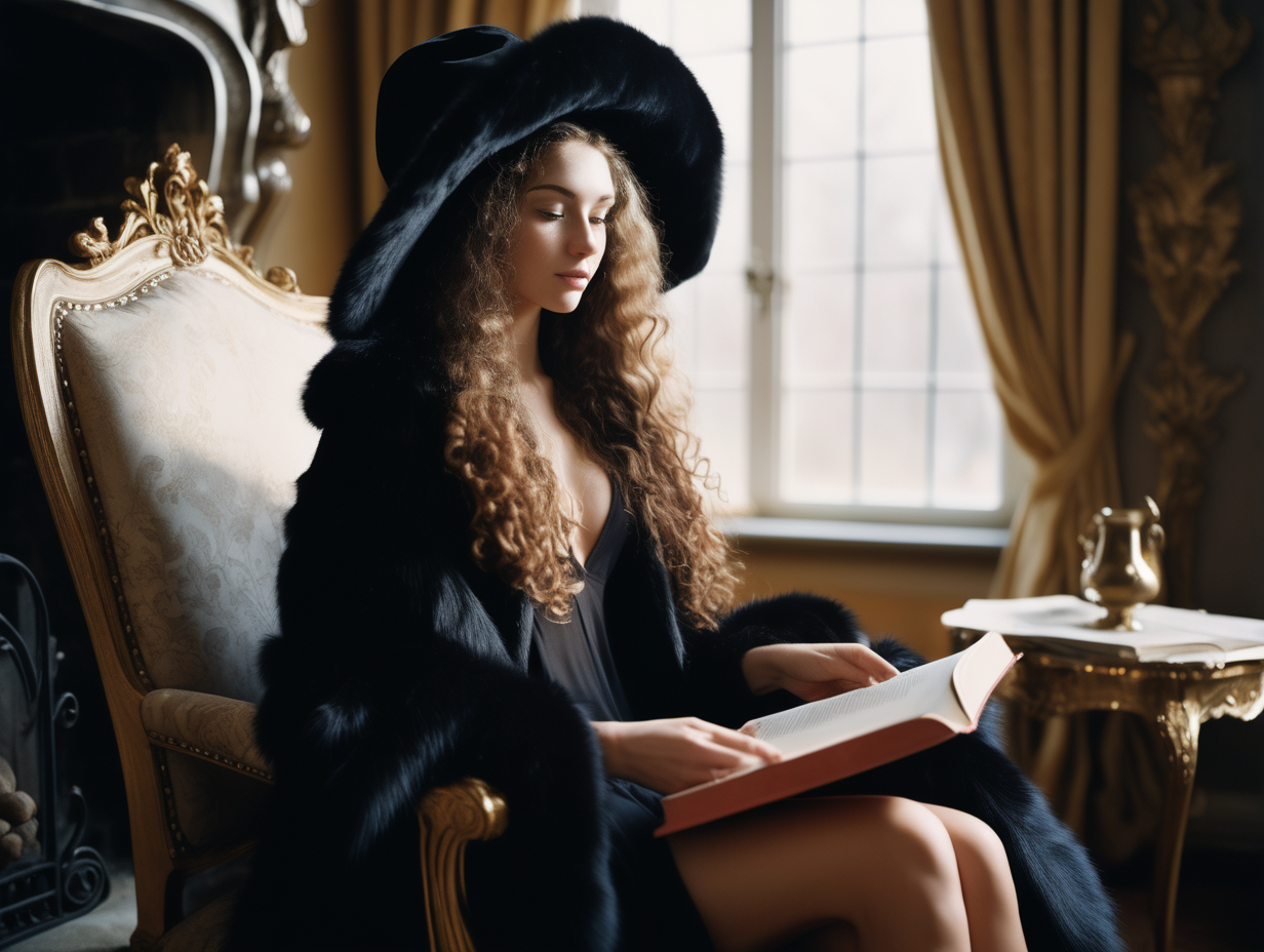 A beautiful slim woman in her twenties with long curly hair, wearing big black fur coat,  hat on head, holding a book, at the fireplace, sitting on a grand royal chair, in the morning, delicate hands, detailed face, detailed skin, detailed hands, photorealistic, gravure, AV, pro photography, slide film, photo book, window light, full body shot, soft body, window light, film grain, 35mm