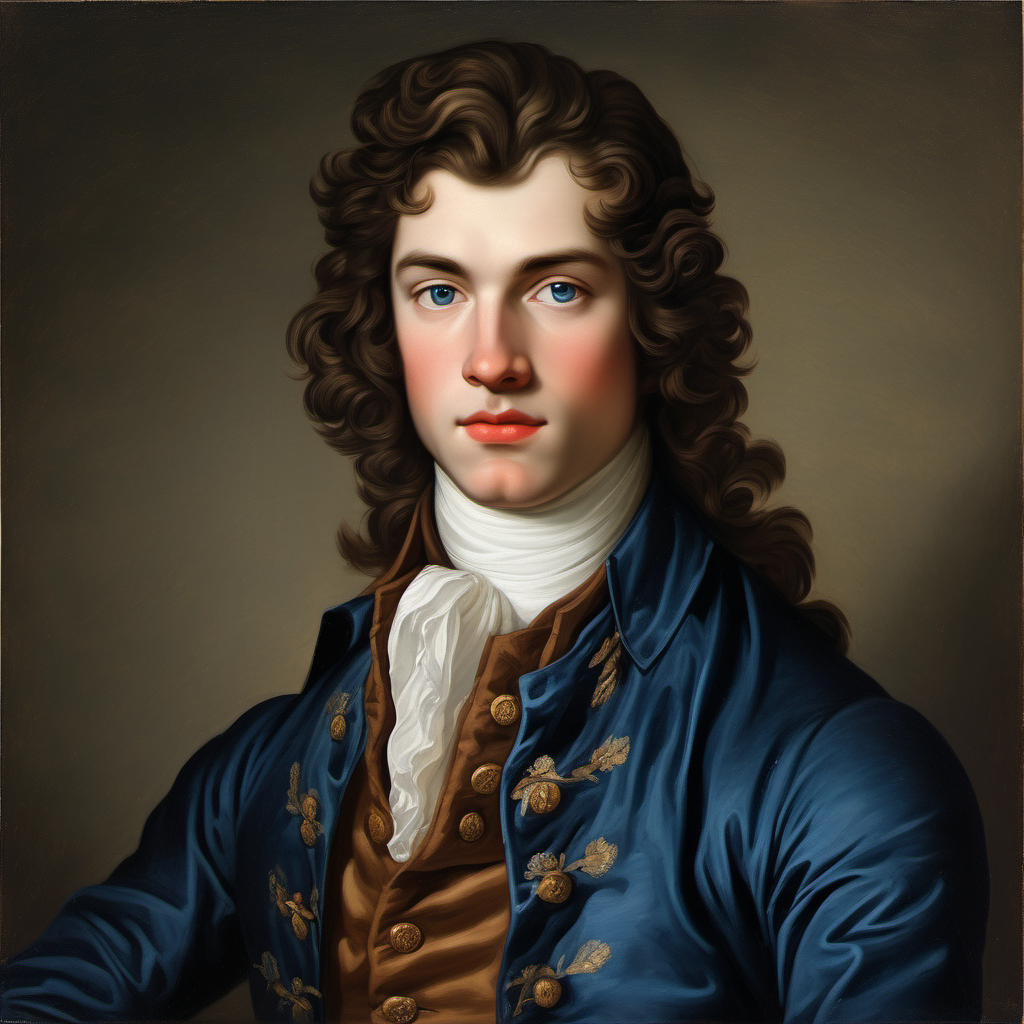 18th century handsome young man straight deep brown hair deep blue eyes