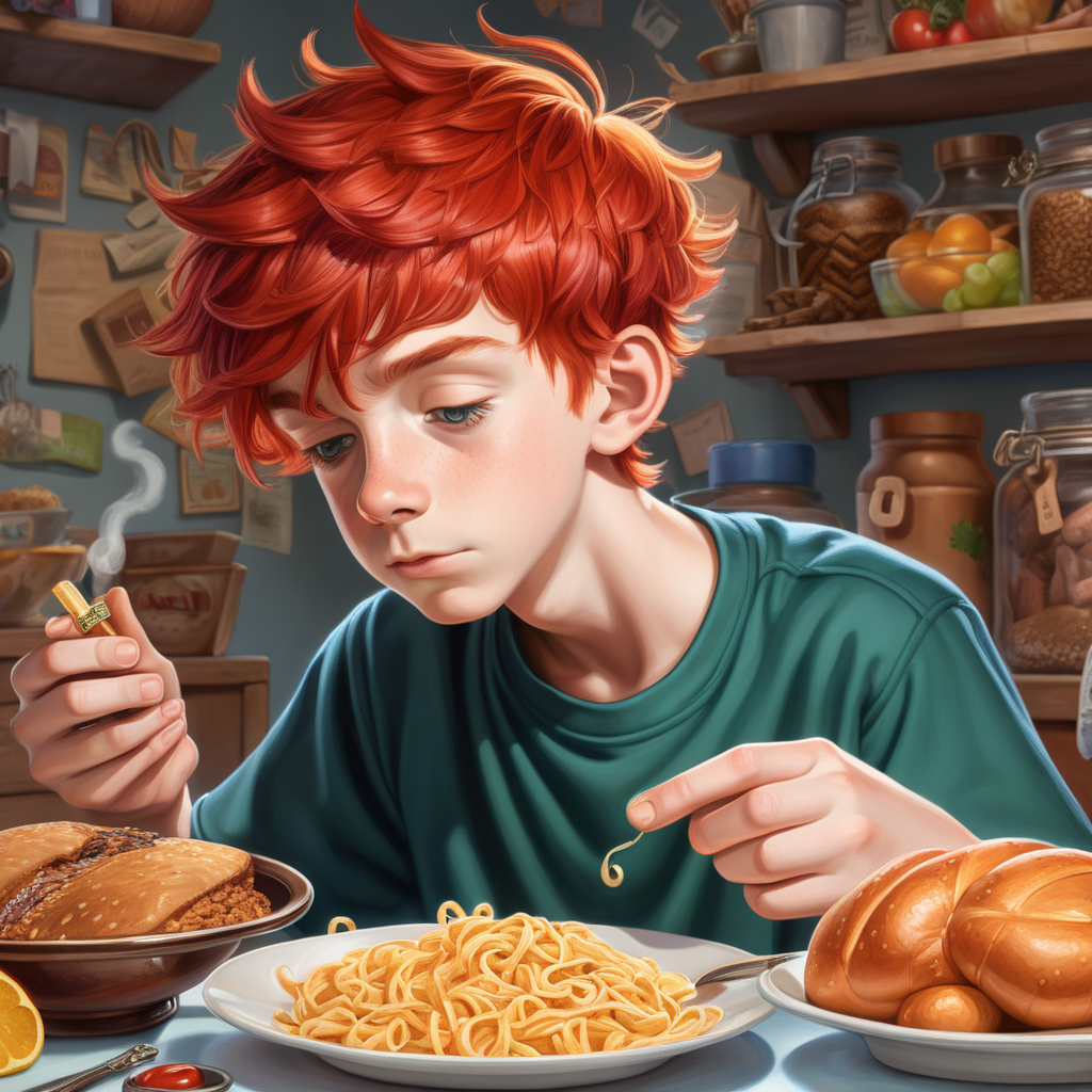 Мальчик 14 лет с рыжими волосами решает различные загадки используя свой нюх и знания о блюдах 