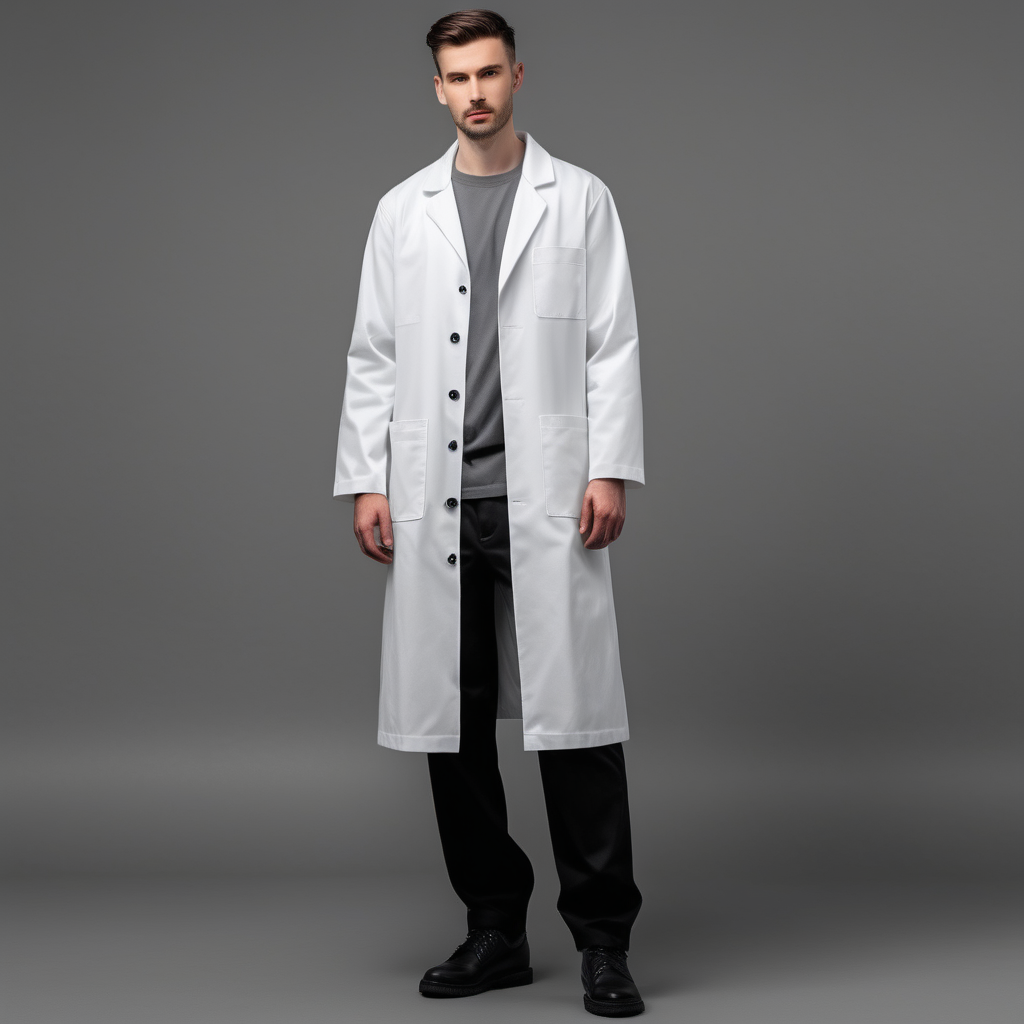 men  Factory worker, white long doctor coat with pockets, gray t-shirt, black canvas trousers