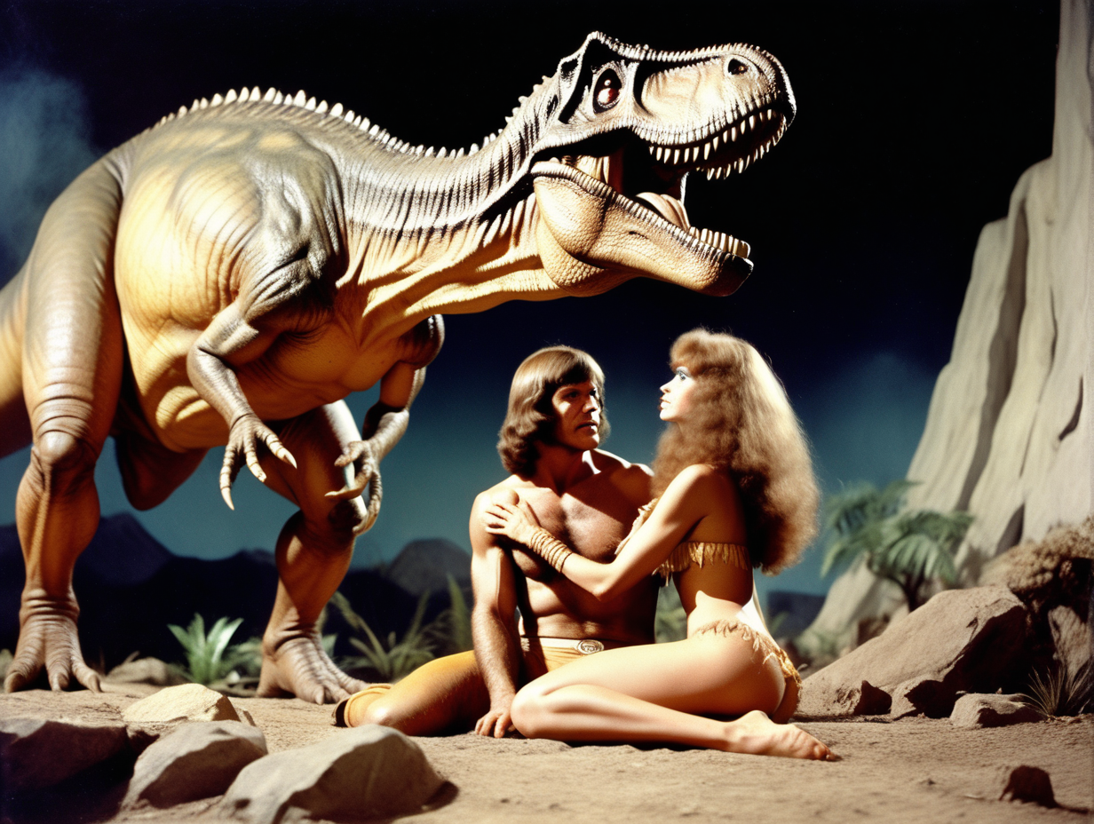 70s faded dinosaur movie scene. A retro Tyrannosaurus towers over cowering sexy cavewoman.