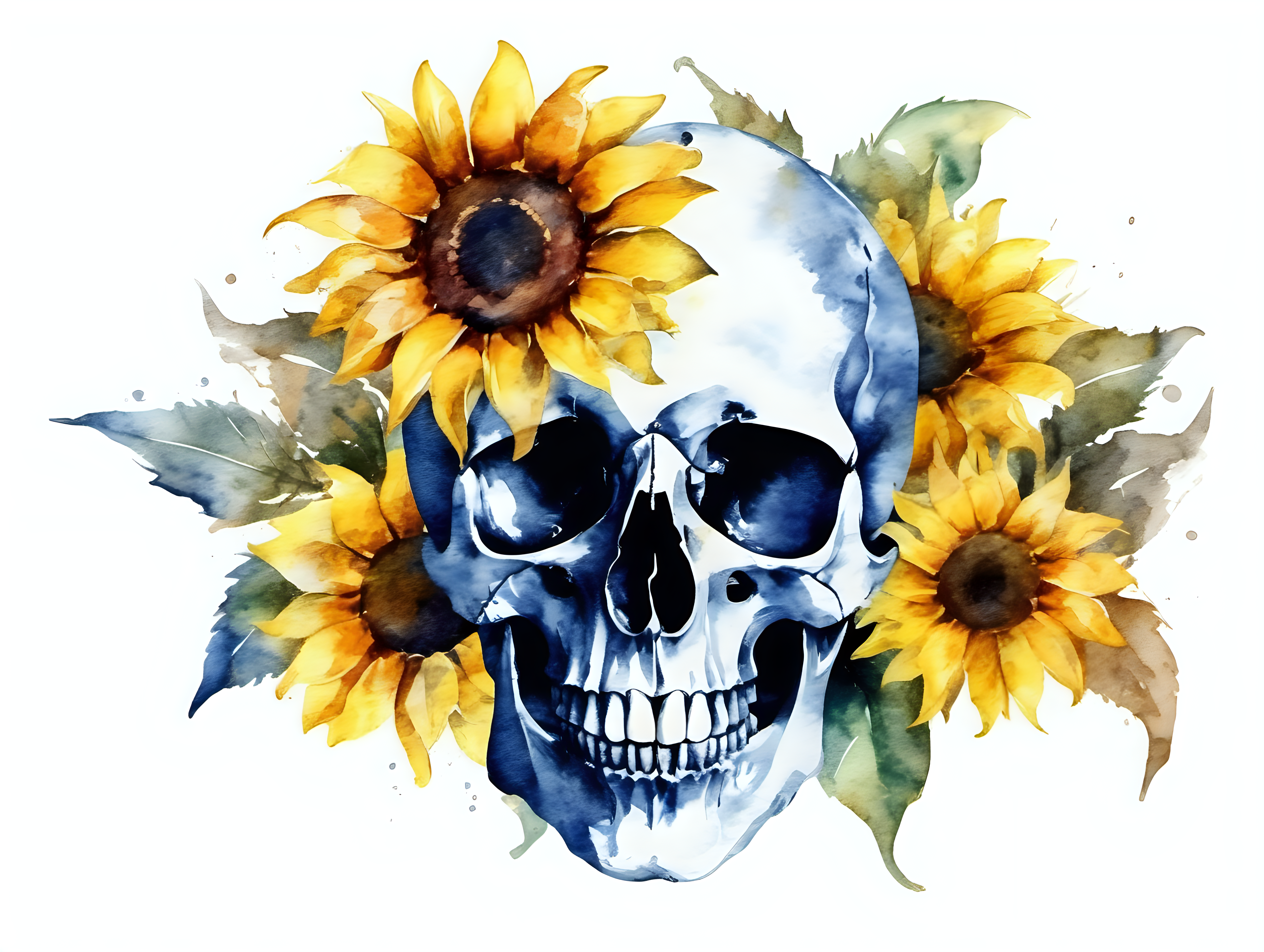  human skull with sunflower
 blossom in the style of watercolor, on a white background