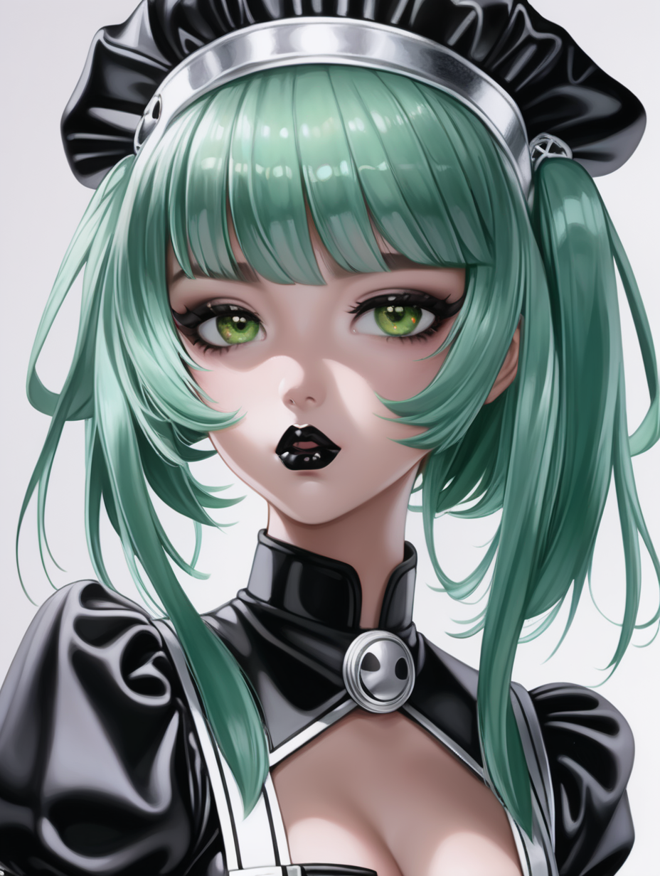 Anime Woman with green hair and brown eyes with large lips wearing dark lipstick and heavy makeup wearing a shiny black and silver latex maid uniform, vacant expression