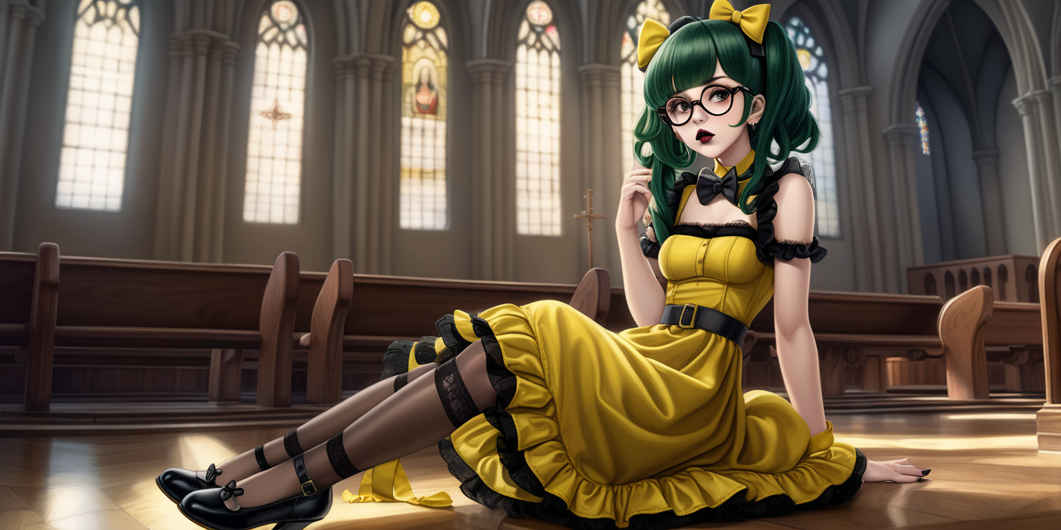 Anime woman with dark green hair and large lips with glossy dark brown lipstick and heavy makeup wearing a frilly yellow dress, black stockings, yellow heeled mary jane shoes, lots of bows and lace, wearing glasses. Nervous expression. Sitting nervously in an empty church