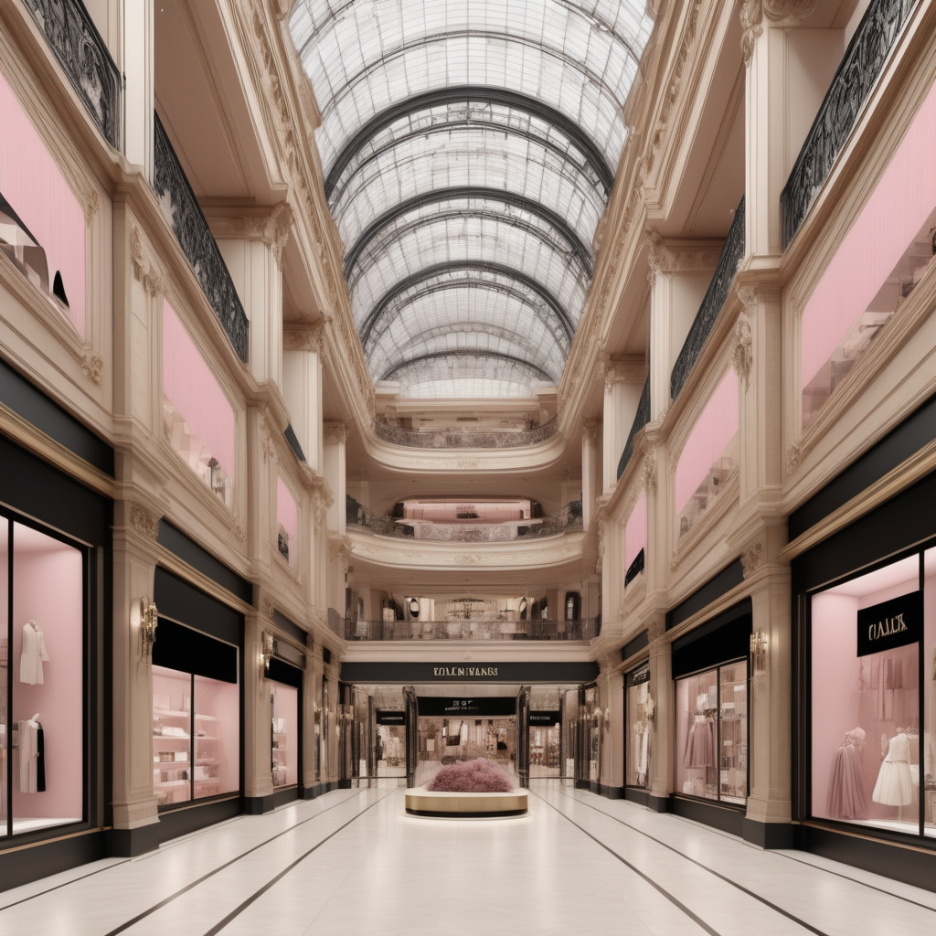 A hyperrealistic image of a palatial modern Parisian mall in a beige oak brass colour palette with accents of black and dusty rose, with beautiful high-end stores
