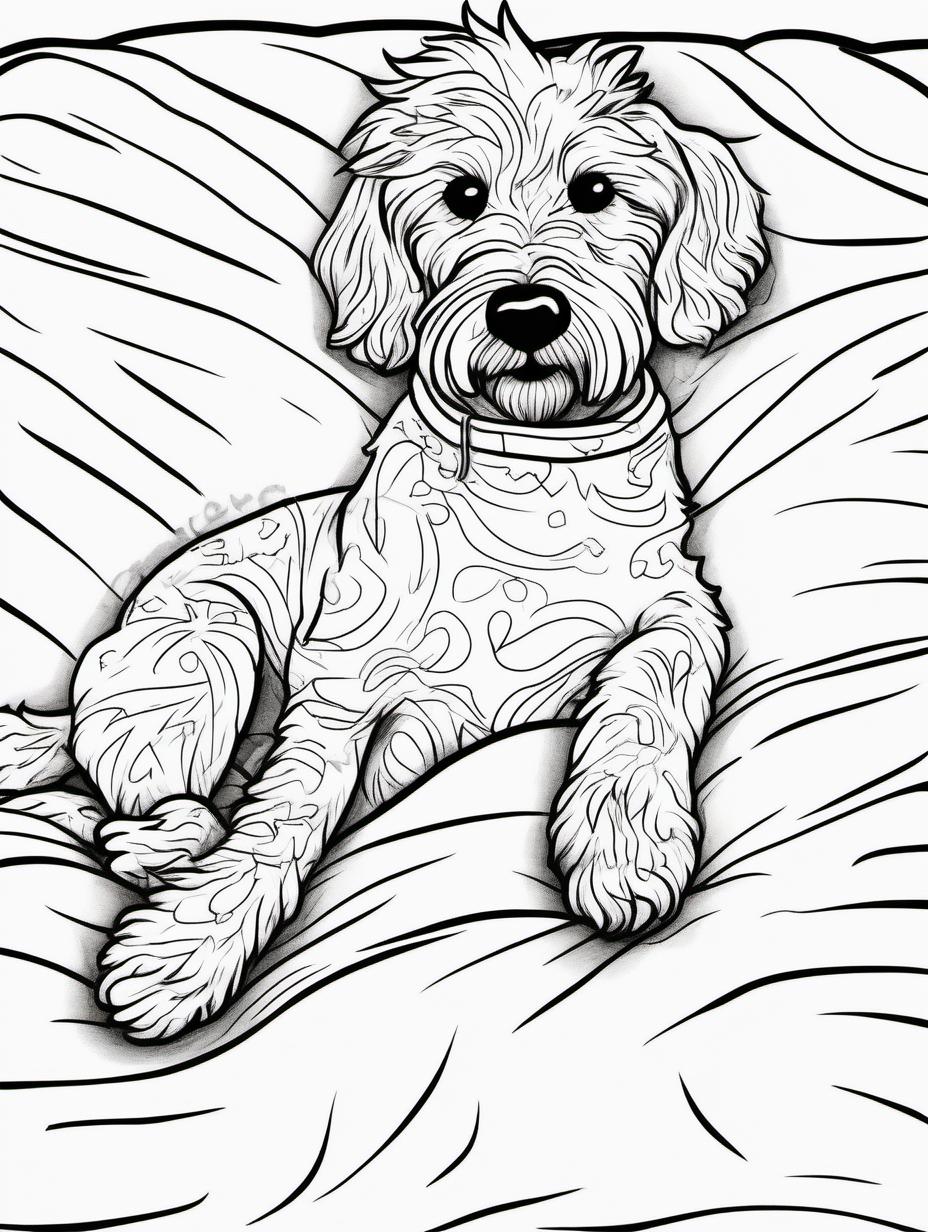 Cute female golden doodle stretched out on her back on a bed wearing whimsical sleepwear for a coloring book with black lines and white background