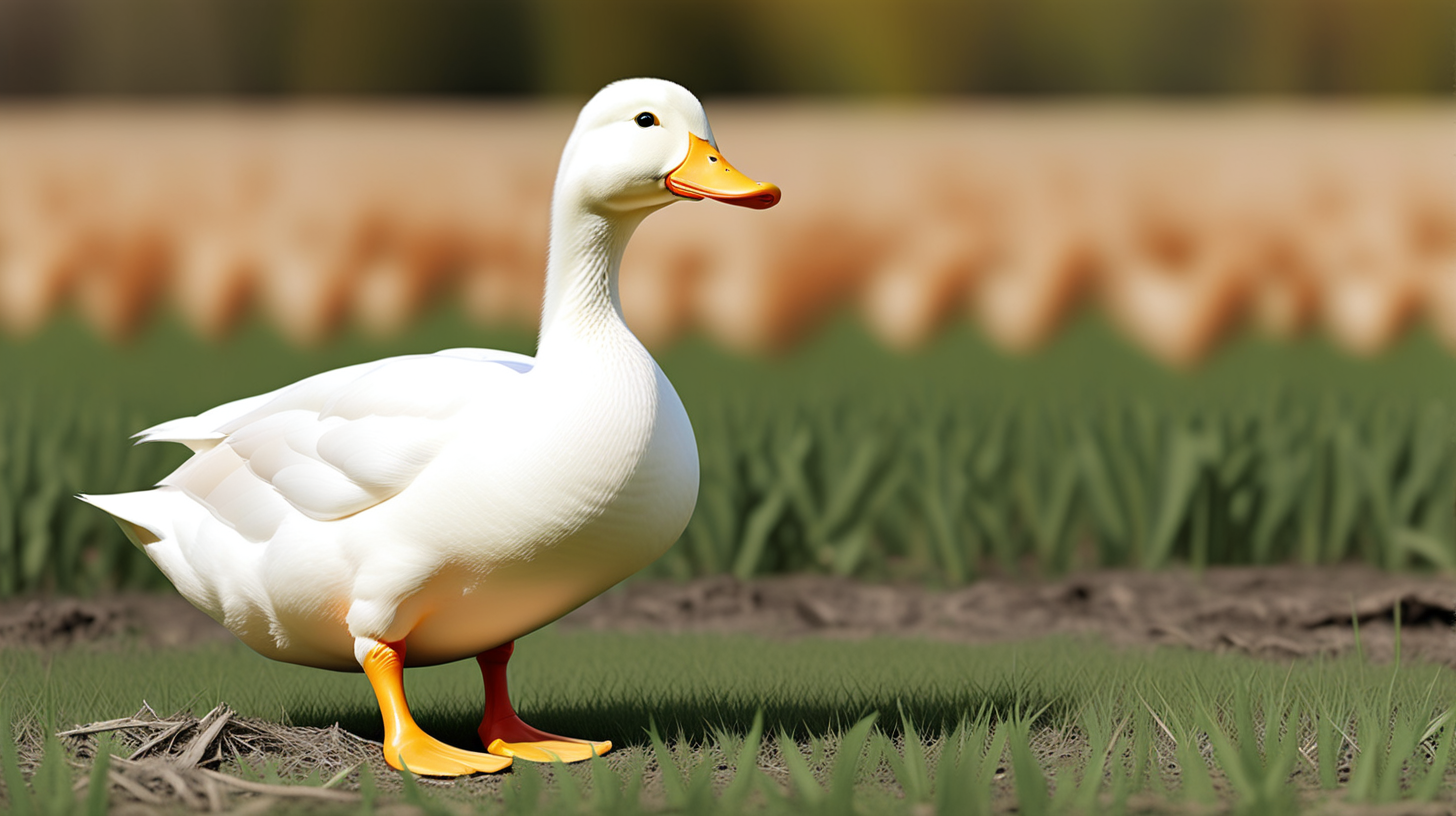 Depict a white duck looking for a place to nest in a field.