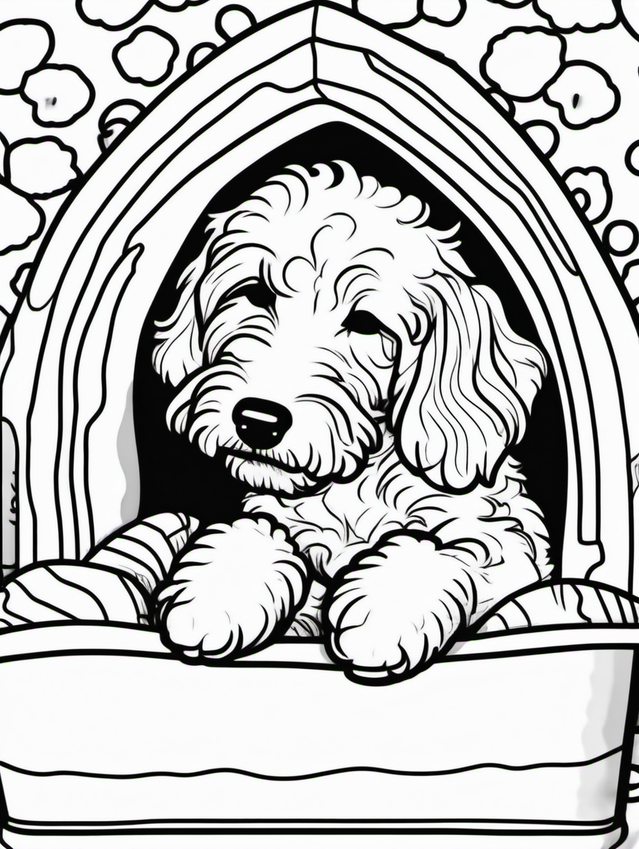 Cute goldendoodle sleeping in a whimsical dog bone shaped bed for a coloring book with black lines and white background