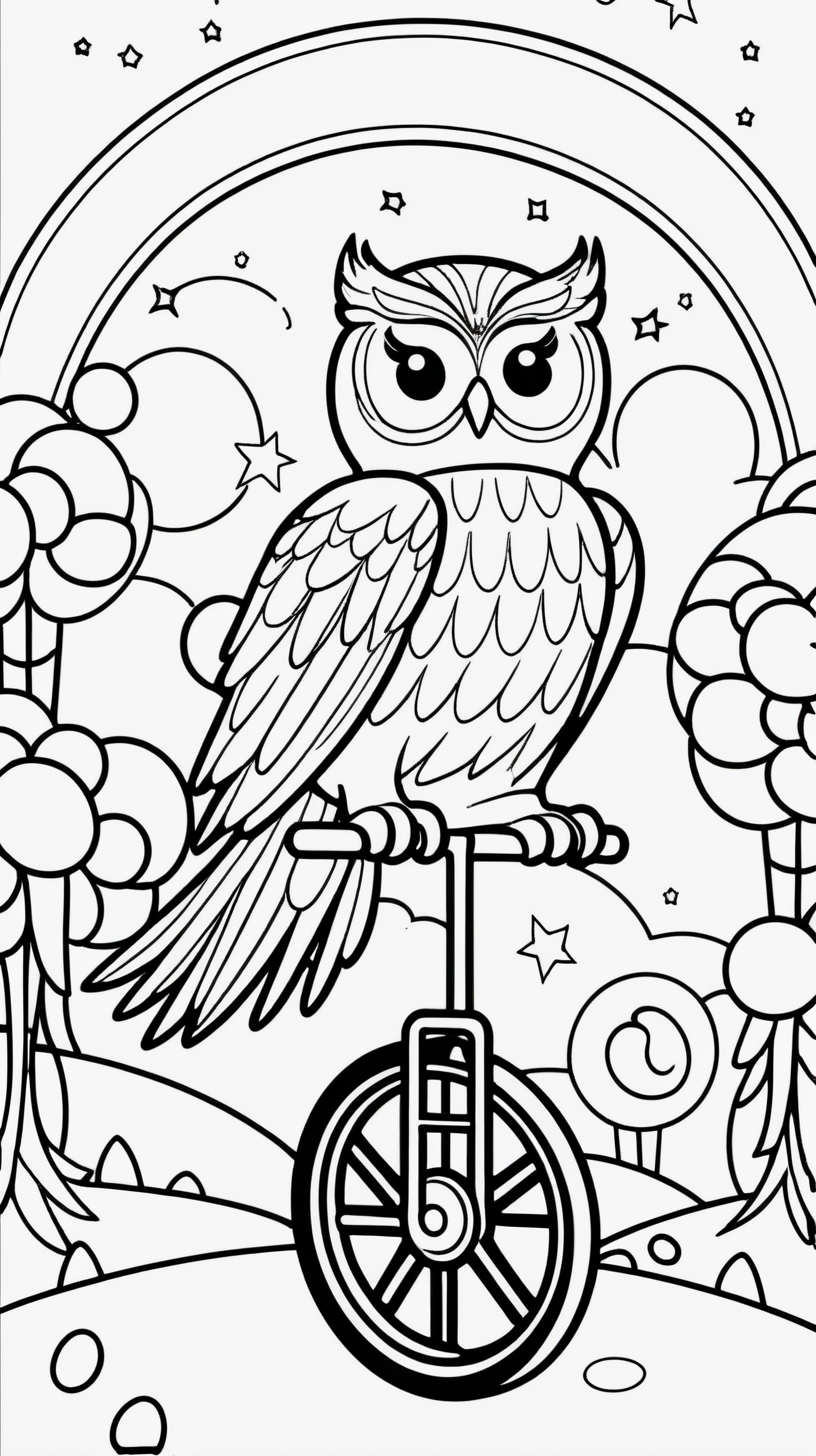 simple colouring page for kids, Owl on a Unicycle, background white funfair, clean line art --AR 1:1.41-- 