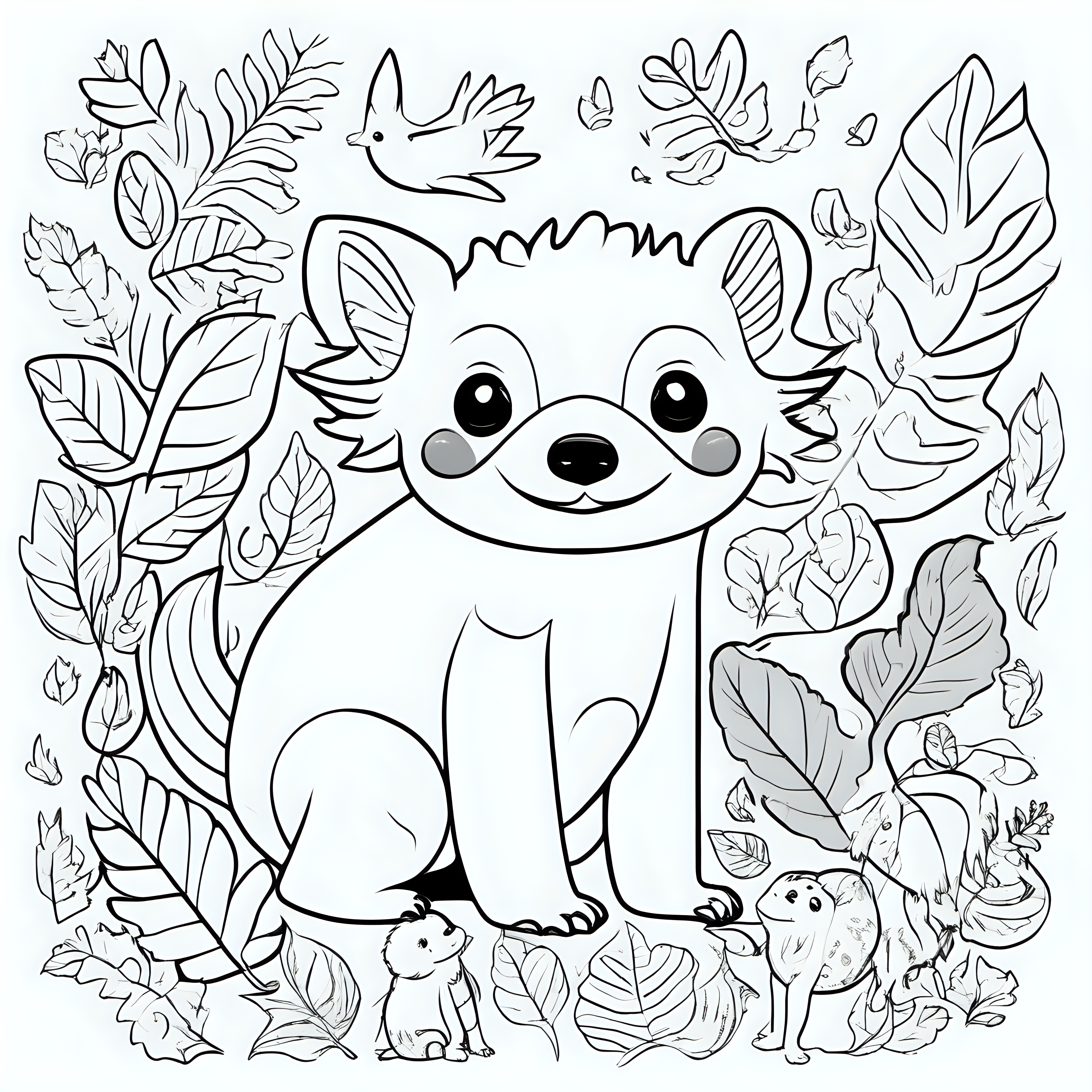 draw a colorful book cover for a coloring book for kids with cute animals dogs, 
Axolotl, birds and sloth with some leafs