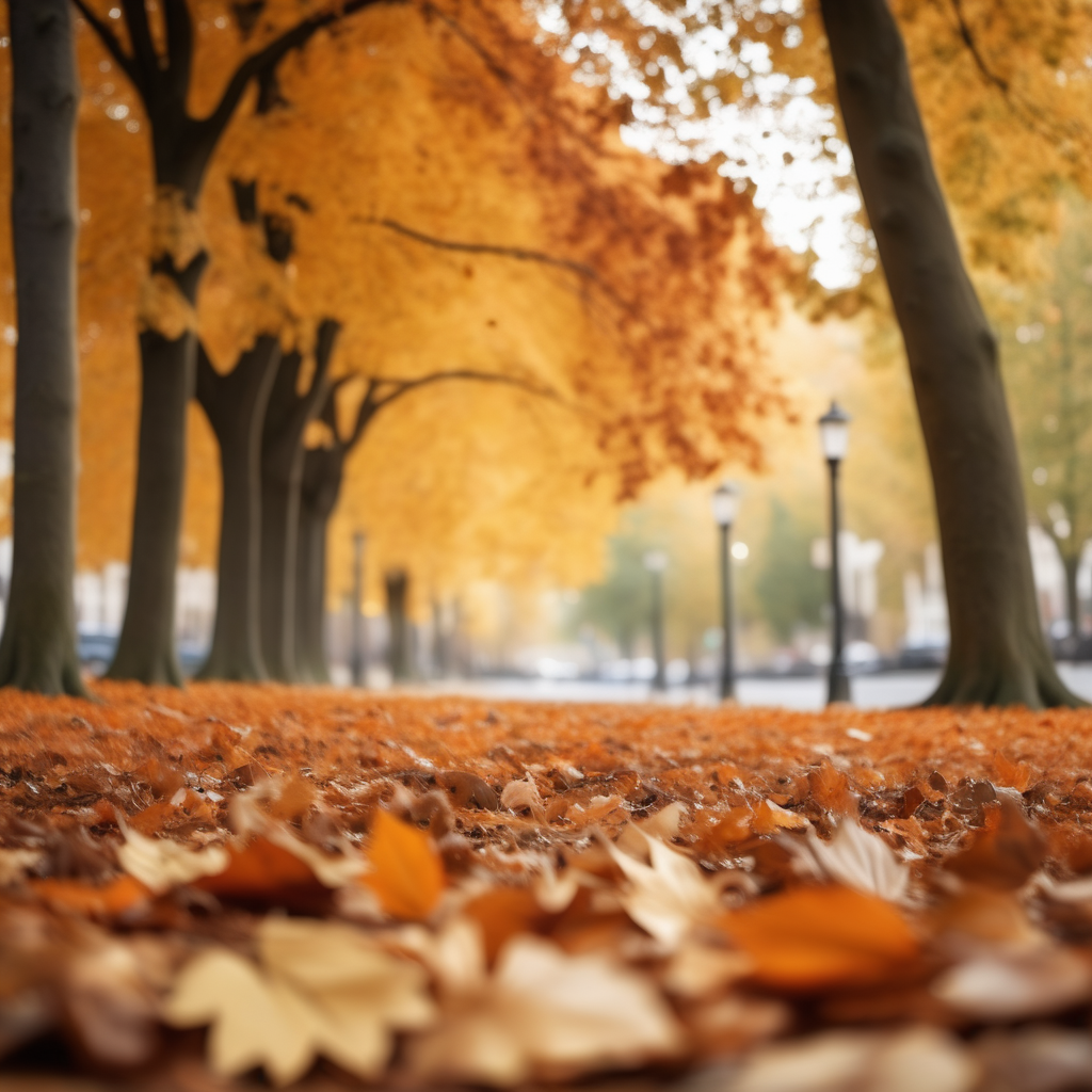 an autumn scene with trees with brown and orange leaves, foreground leaves falling out of focus