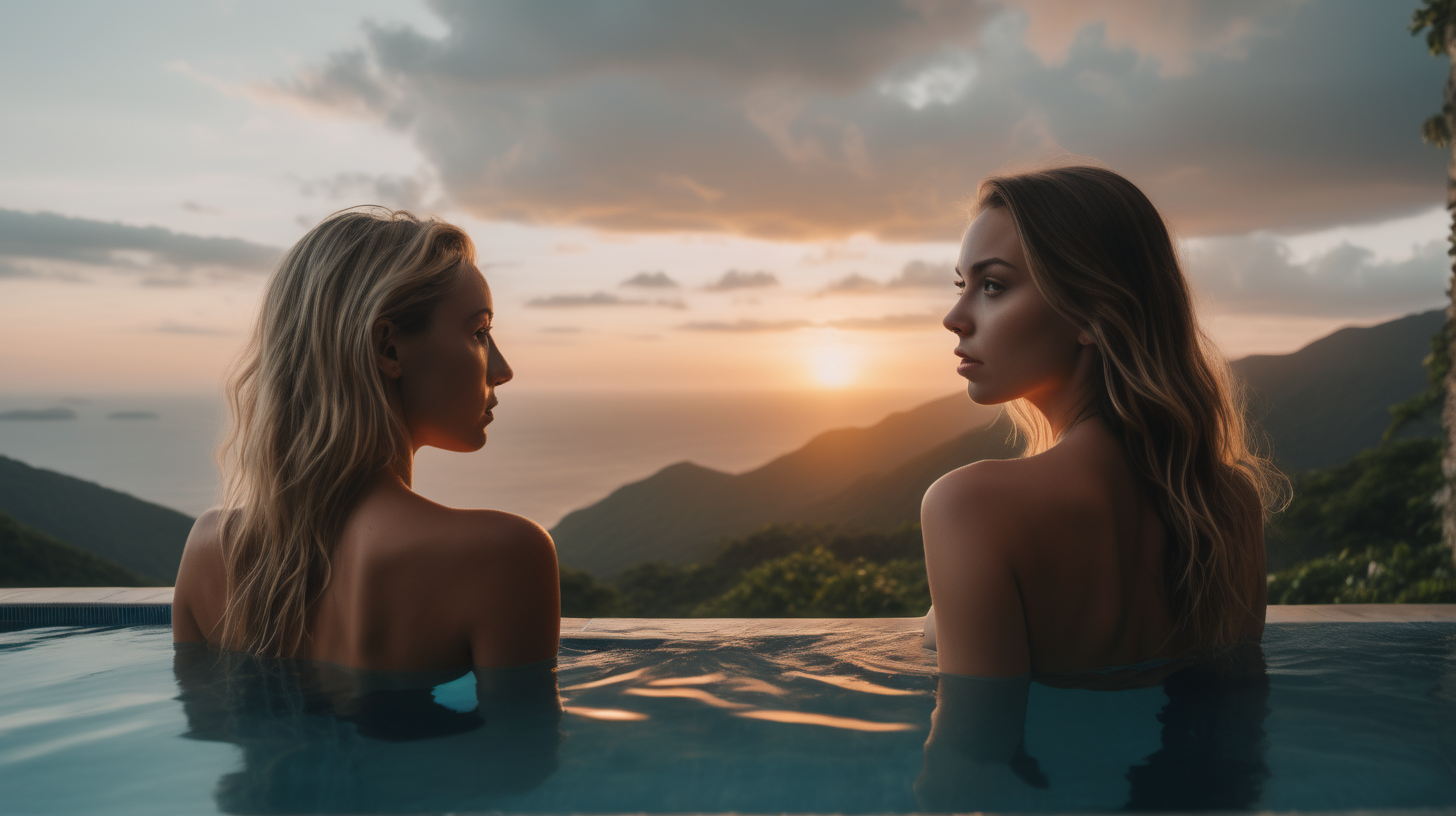 the photo is taken in a swimming pool on a mountain from which you can see the sea. a blonde and a brunnete beautiful women backs to the camera inside the pool, wearing bikinis. It is sunset. In the distance you can see the sea. On one side, you can see a mountain with a lot of jungle-like vegetation. The lighting in the portrait should be dramatic. Sharp focus. A ultrarealistic perfect example of cinematic shot. Use muted colors to add to the scene.