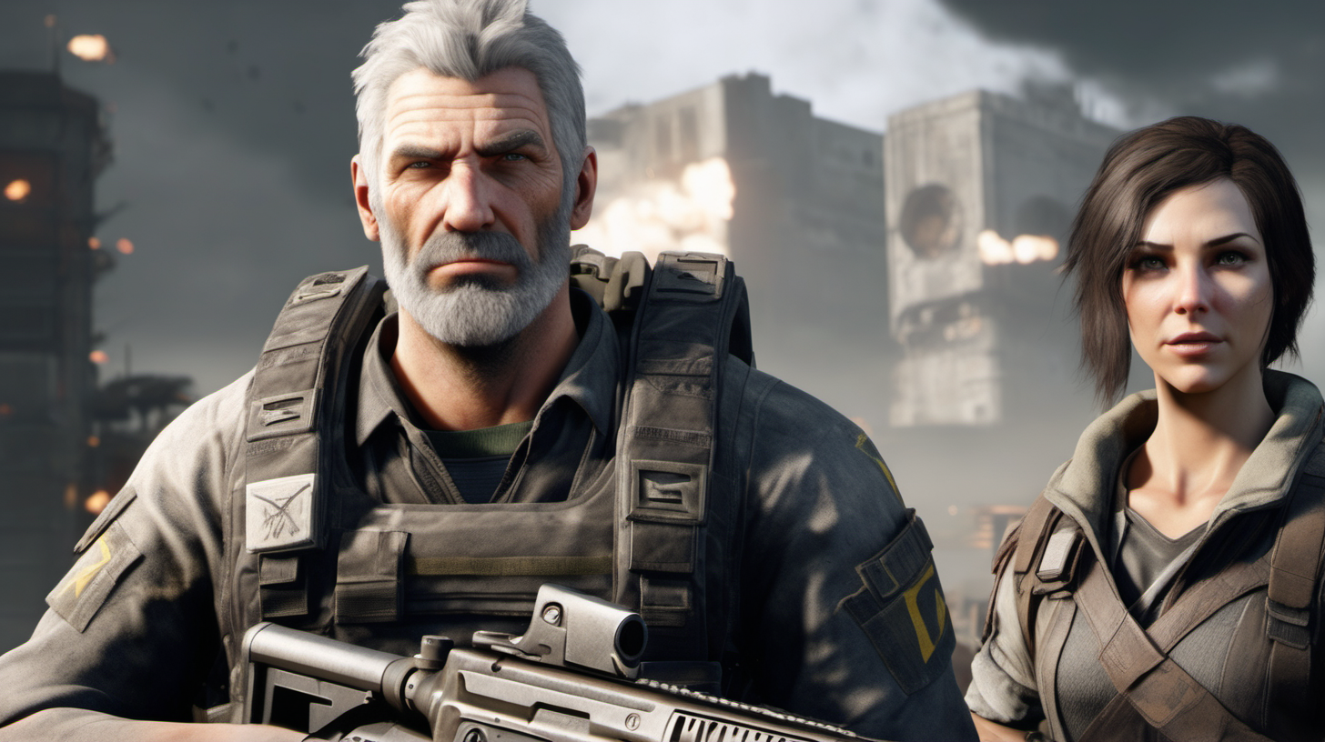 a grey haired man with very short hair and a short grey beard and a brunette woman with long hair in the style of the video game call of duty, in the background an apocalypse