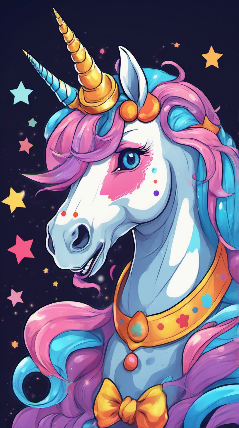 a  beautiful majestic unicorn with a human clown face in cartoon anime style