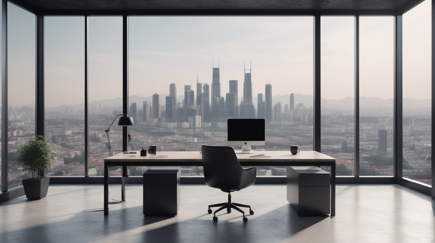 CEO modern office,  minimalist style, industrial, modern desk with a cofee, professional, cinematic, no wall a big window behind with a panoramic view of a cityscape, professional photo, stock photography, sucess, industrial tone --ar 5:3