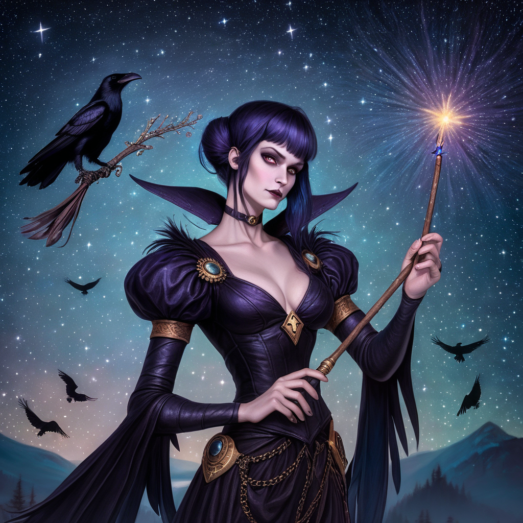 Morrigan with a crow and a wand on a starry backdround