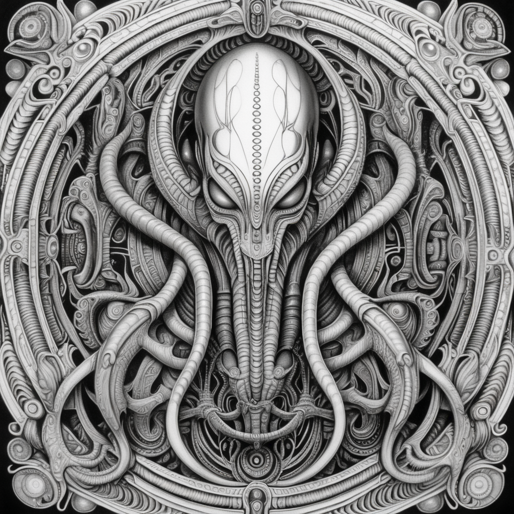 black & white, coloring page, high details, symmetrical mandala, strong lines, penis with many eyes in style of H.R Giger