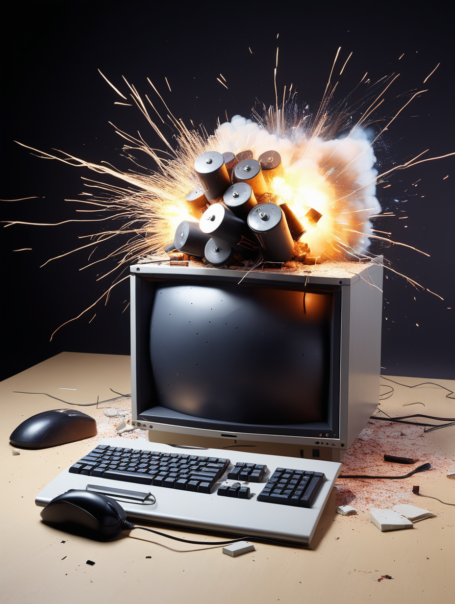 computer blown up with dynamite