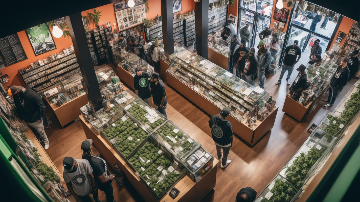 WIDE-ANGLE PHOTOGRAPH LOOKING DOWN ON BUSY HIP-HOP CANNABIS STORE