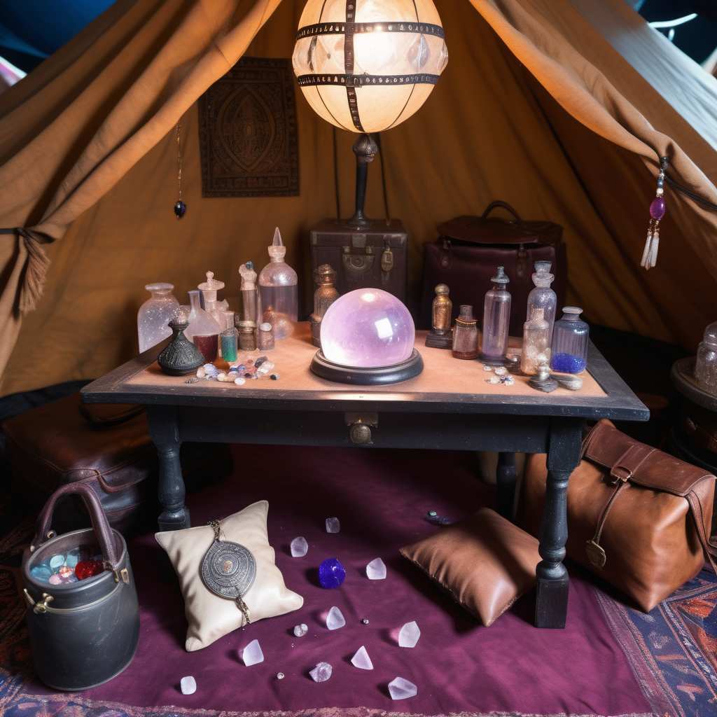 A close-up of a table in a fortune teller tent. there is a crystal ball on the table. There are cushions around the table to sit on the floor. There is an old, worn leather bag full of round crystals to make jewelry. In the background, there is a shelf with potions. The tent is dimly lit.