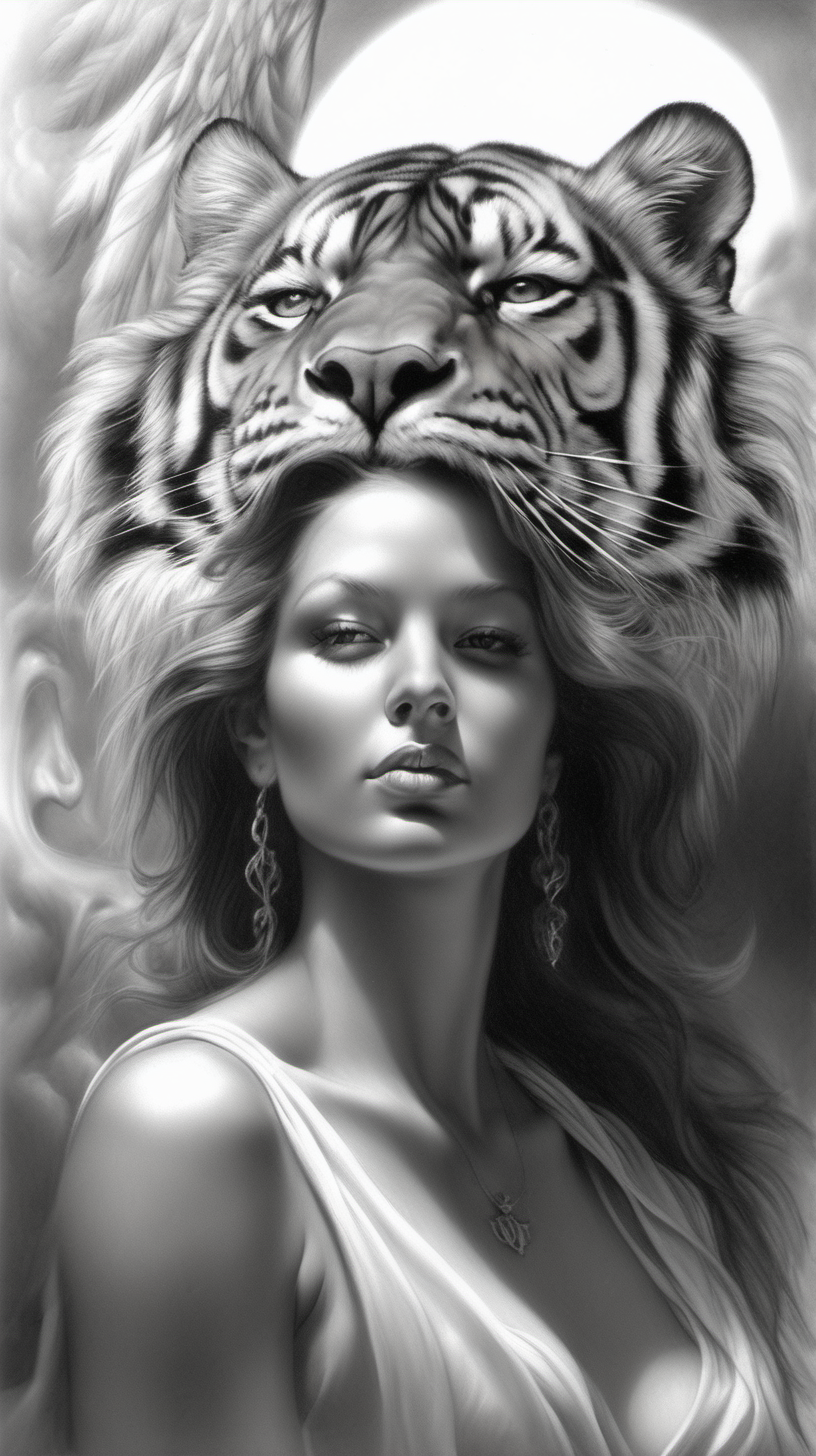 /imagine prompt : a hyper realistic black and gray Boris Vallejo drawing, feautered a beautiful angel ride a tiger create a sureal fantasy atmosphere
<background>white papaer
<style>pencil drawing
