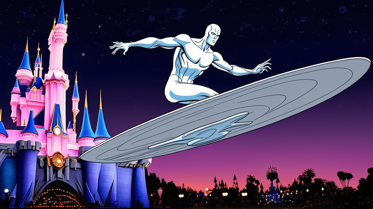 The silver surfer flying over Disneyland with Sleeping
