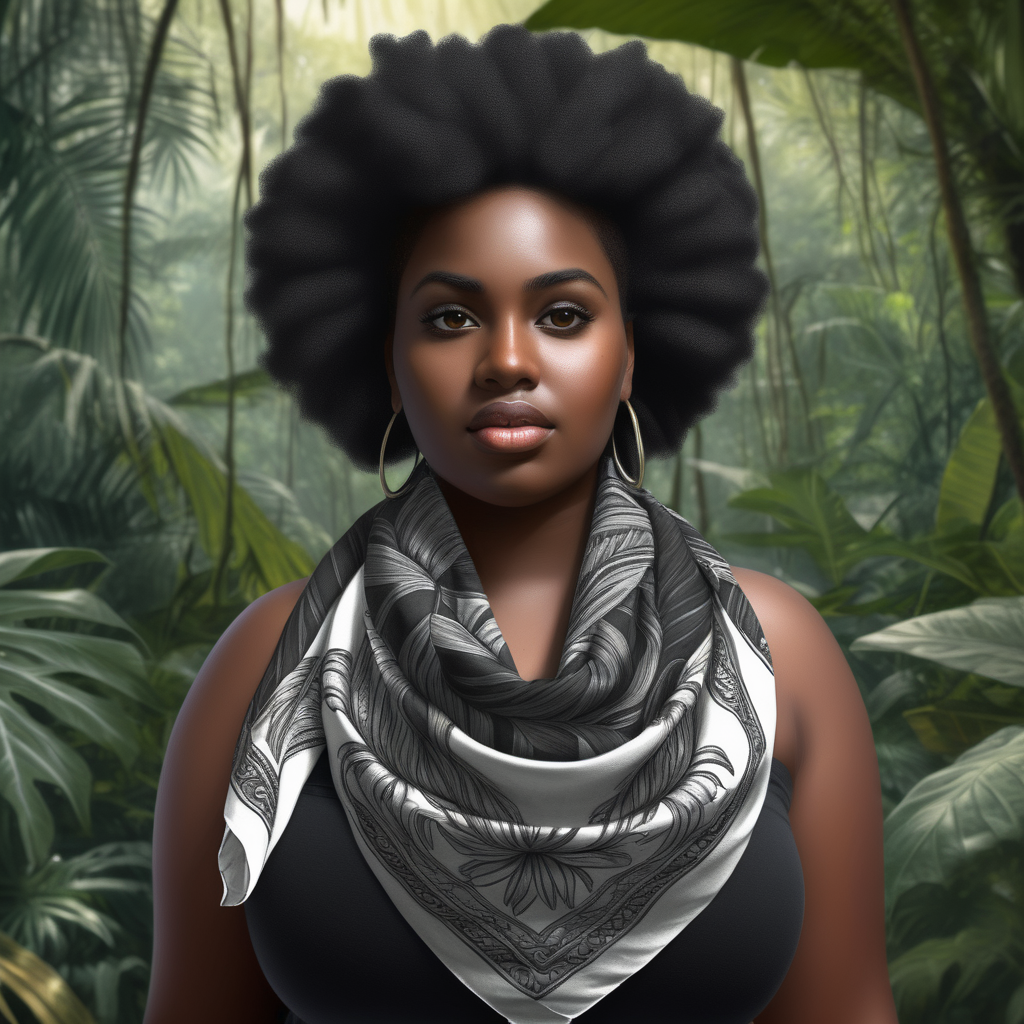 a realistic image of a black American biracial  large female wearing headtie on head running in middle
Of jungle with tears on eyes 