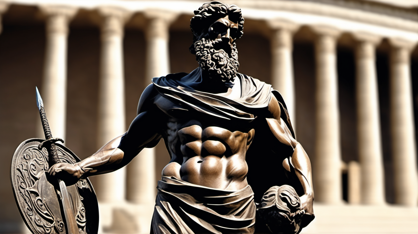 ﻿
Image of a full-body statue depicting a muscular, bearded man with sword. The statue should be in the style of ancient Greek art, characteristic of Stoicism. It should feature clothing elegantly draped over one shoulder. The background should be dark, highlighting the statue as the central element. The statue must demonstrate exceptional
craftsmanship, with intricate details visible in the facial features and attire. The image should have a dramatic feel, achieved through the interplay of light and shadow. The perspective should be a wide shot.