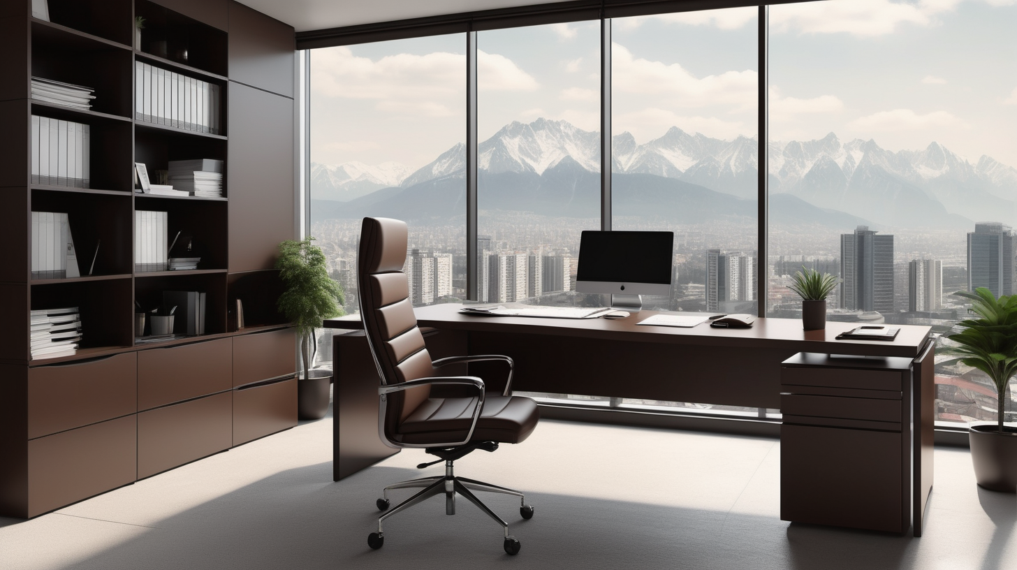 Financial director office,  a big cabinet with  well organised workbooks and deco, Financial director modern desk with small plant and financial reports and calculator and glasses, professional, Efficiency, contemporary design, dynamic city, beside a big horizontal window with a panoramic view of a Urban panorama with montains,  deep brown and black colors and tones and light tones, touches of light, minimalist, Financial director, warm and elegant style, financial,--ar 5:3